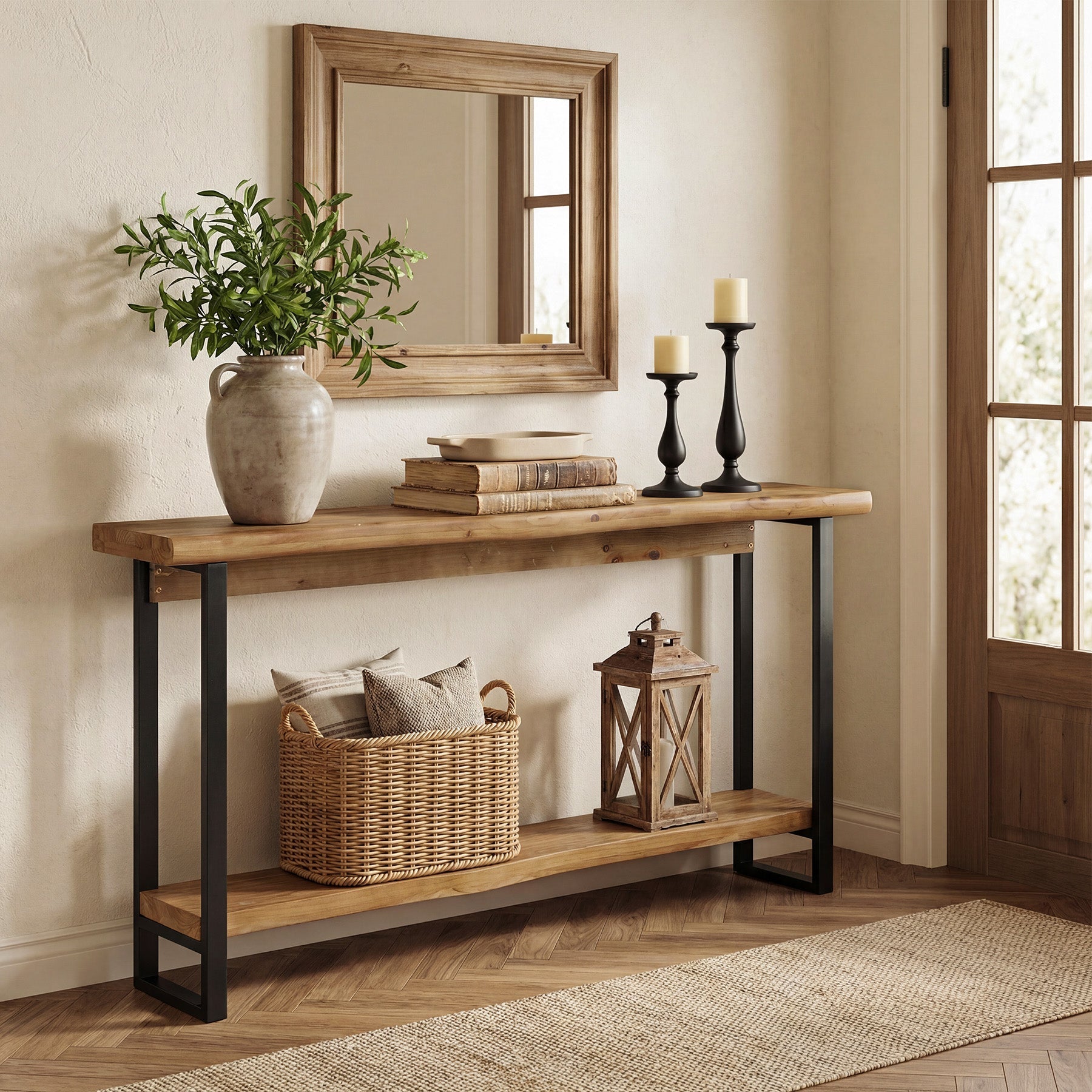 Tribesigns Console en bois massif de 160 cm avec bord naturel, Table basse à deux niveaux