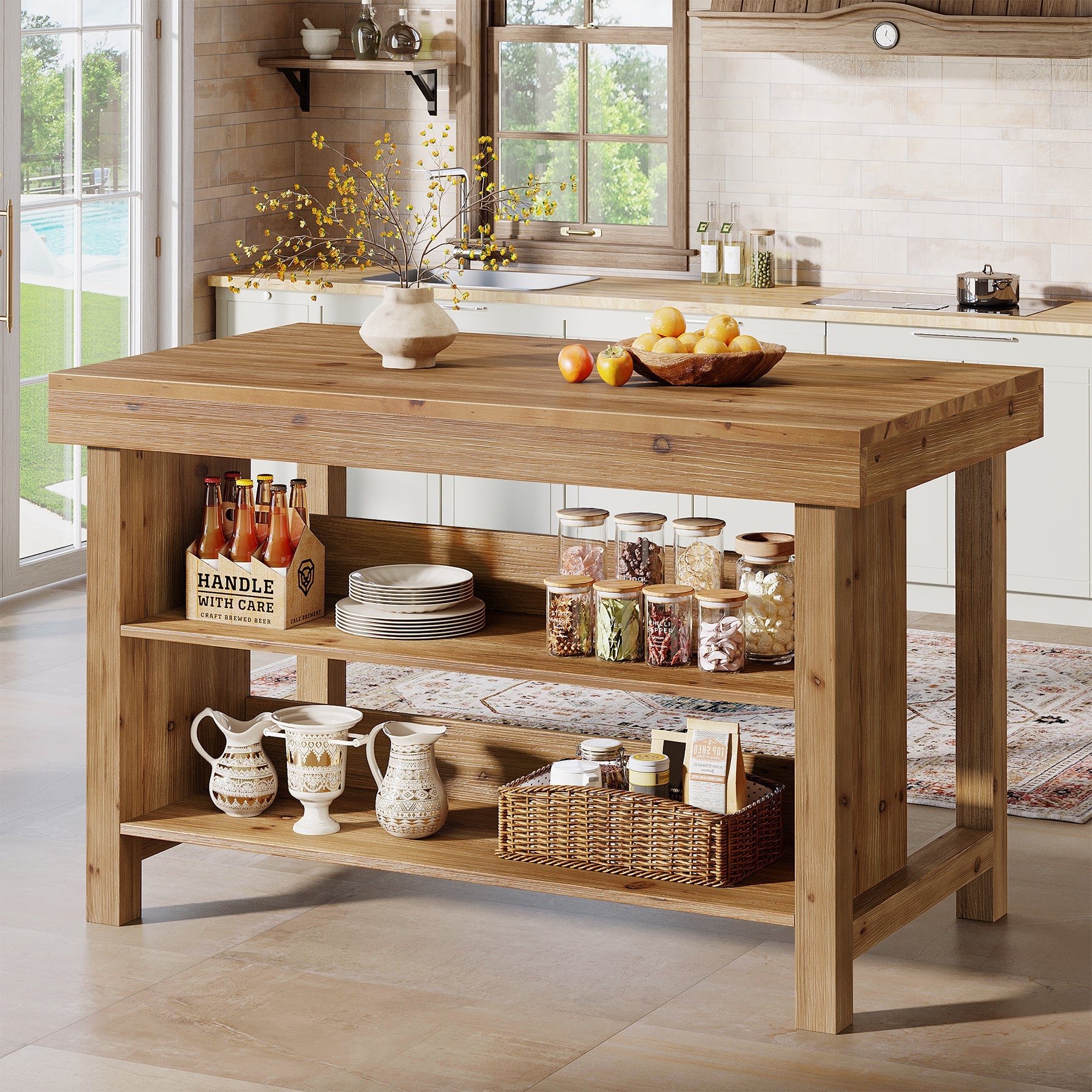 Tribesigns Îlot de Cuisine 140 cm, Table de Cuisine en Bois Massif