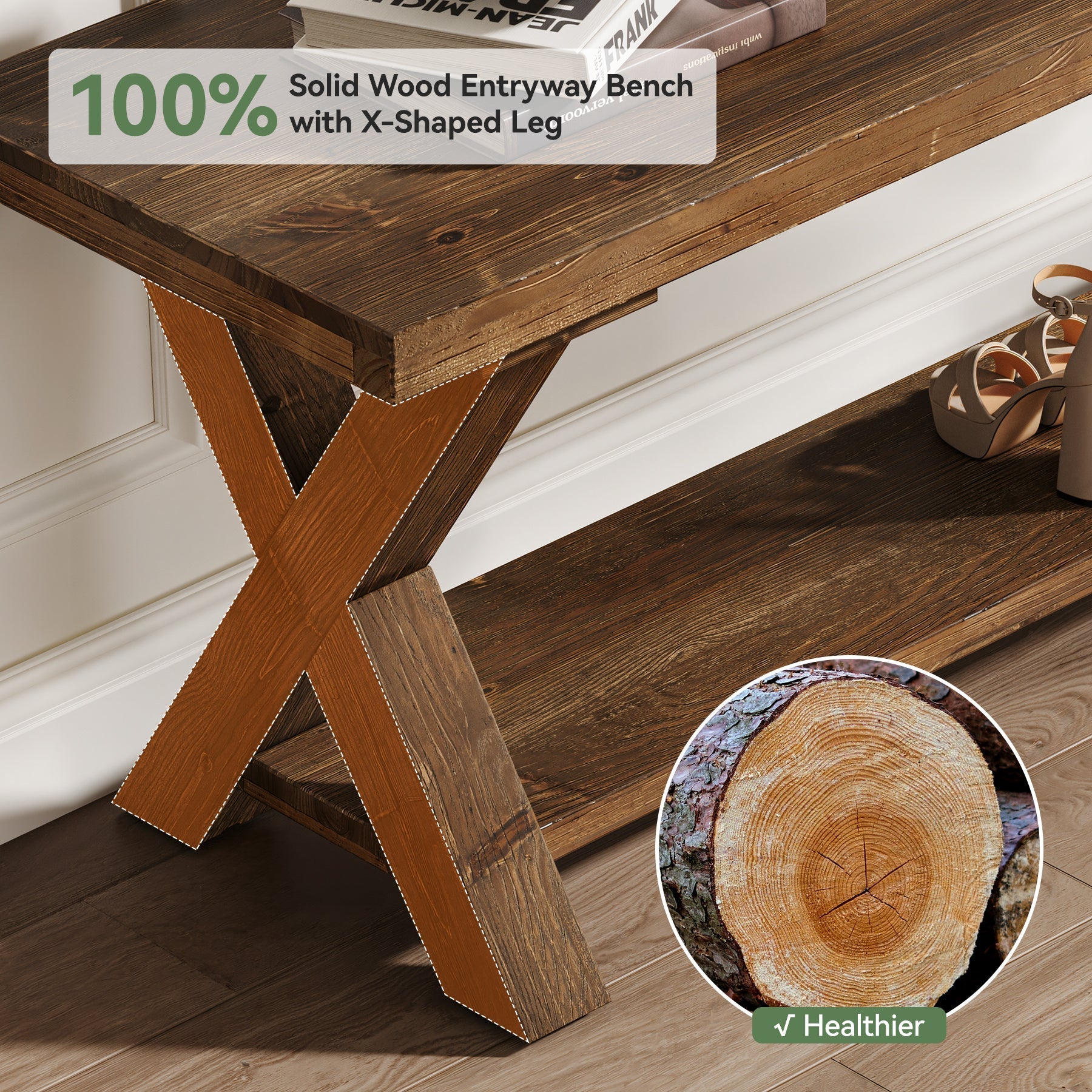 Tribesigns Banc en bois massif de 110 cm avec compartiment de rangement, Banc à chaussures de style campagnard avec structure en X, couleur marron