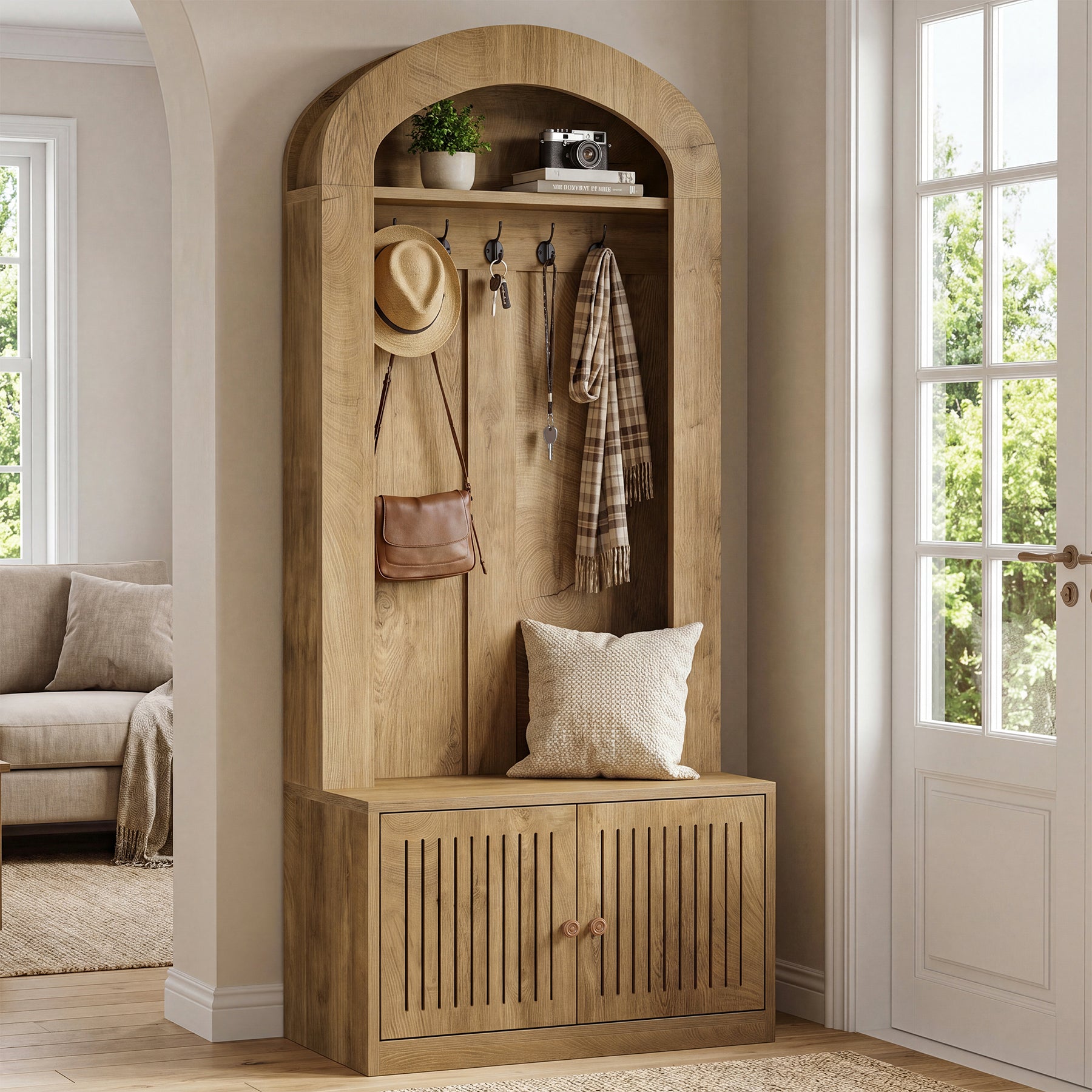 Tribesigns Vestiaire d’Entrée 179 cm avec Banc et Rangement à Chaussures, Meuble 4-en-1