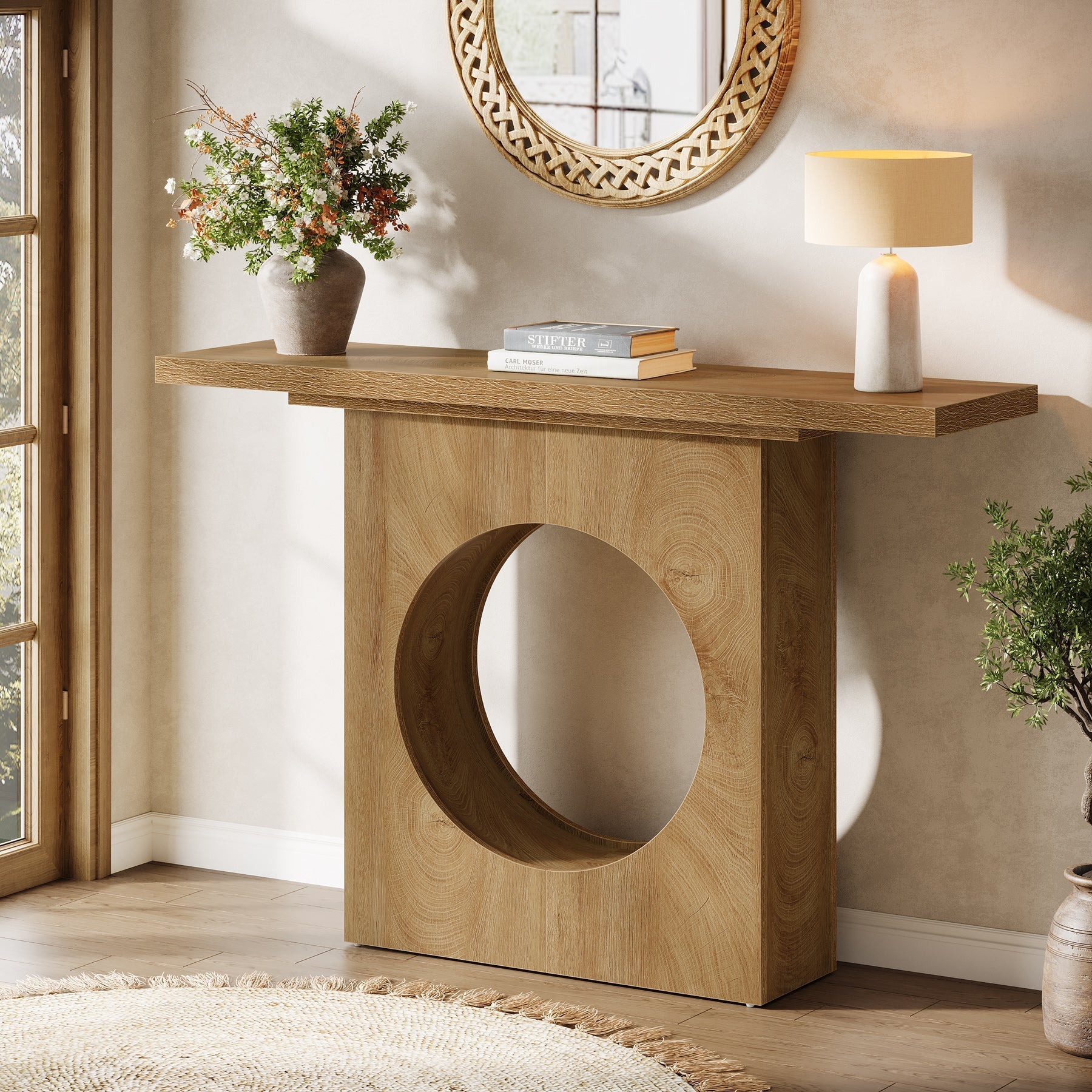 Tribesigns Console rustique de 105 cm avec design ajouré rond, Table d'entrée étroite pour salon