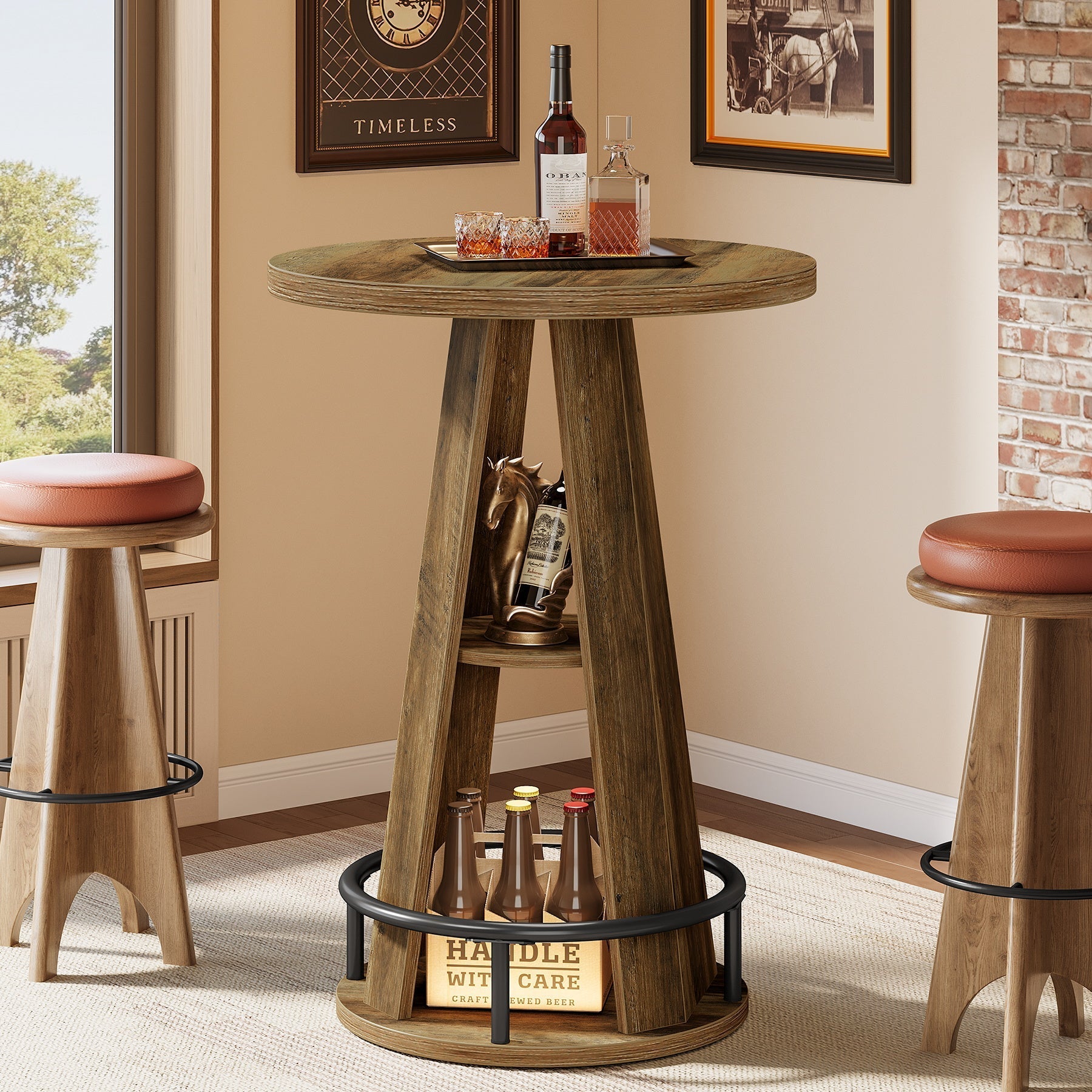 Tribesigns Ronde bartafel van 100 cm met opbergruimte, industriële bistrotafel voor woonkamer, bar, kleine ruimtes