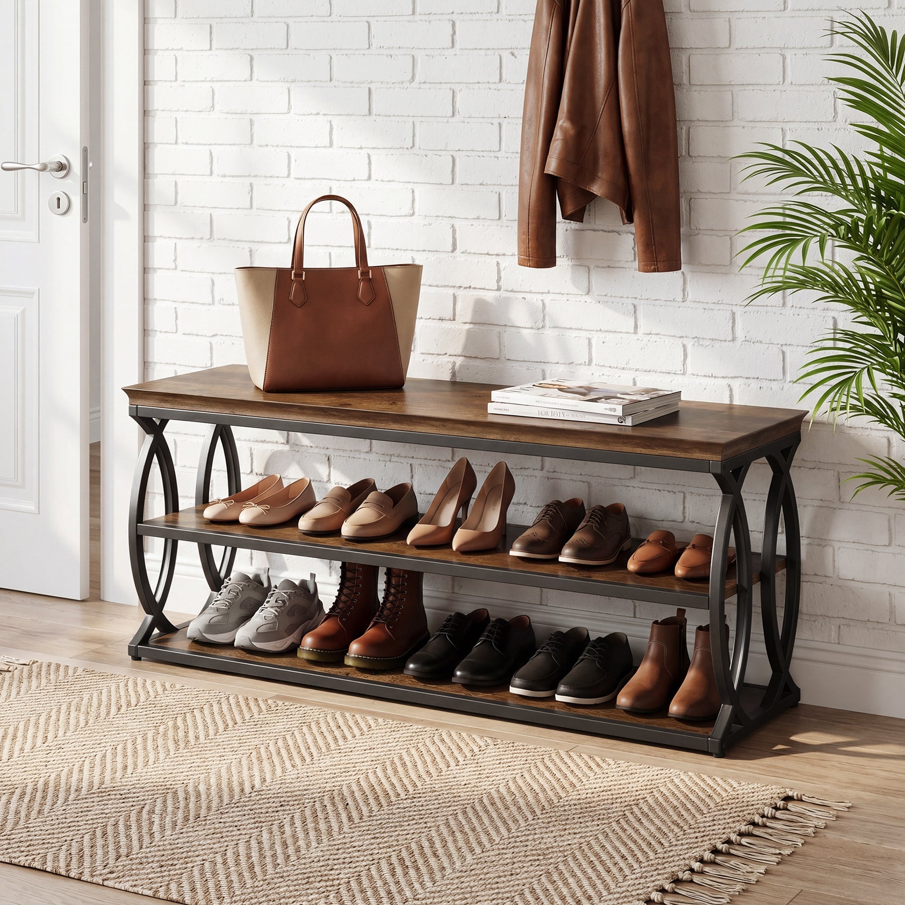 Tribesigns Banc à Chaussures de 120 cm avec Rangement, Meuble à Chaussures à 3 Niveaux avec Assise, Style Industriel Rustique
