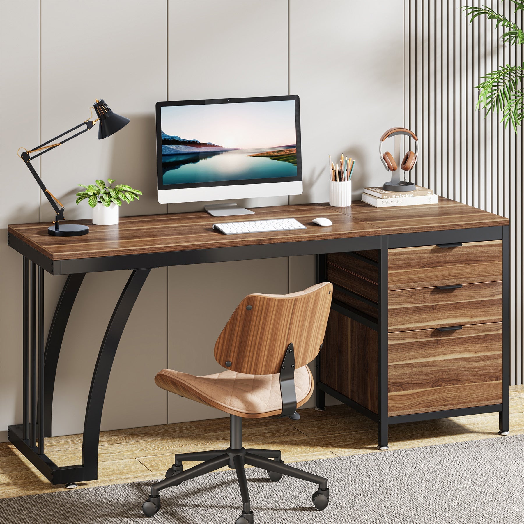 Tribesigns Bureau informatique industriel, Bureau 150 cm avec armoire à tiroirs réversible