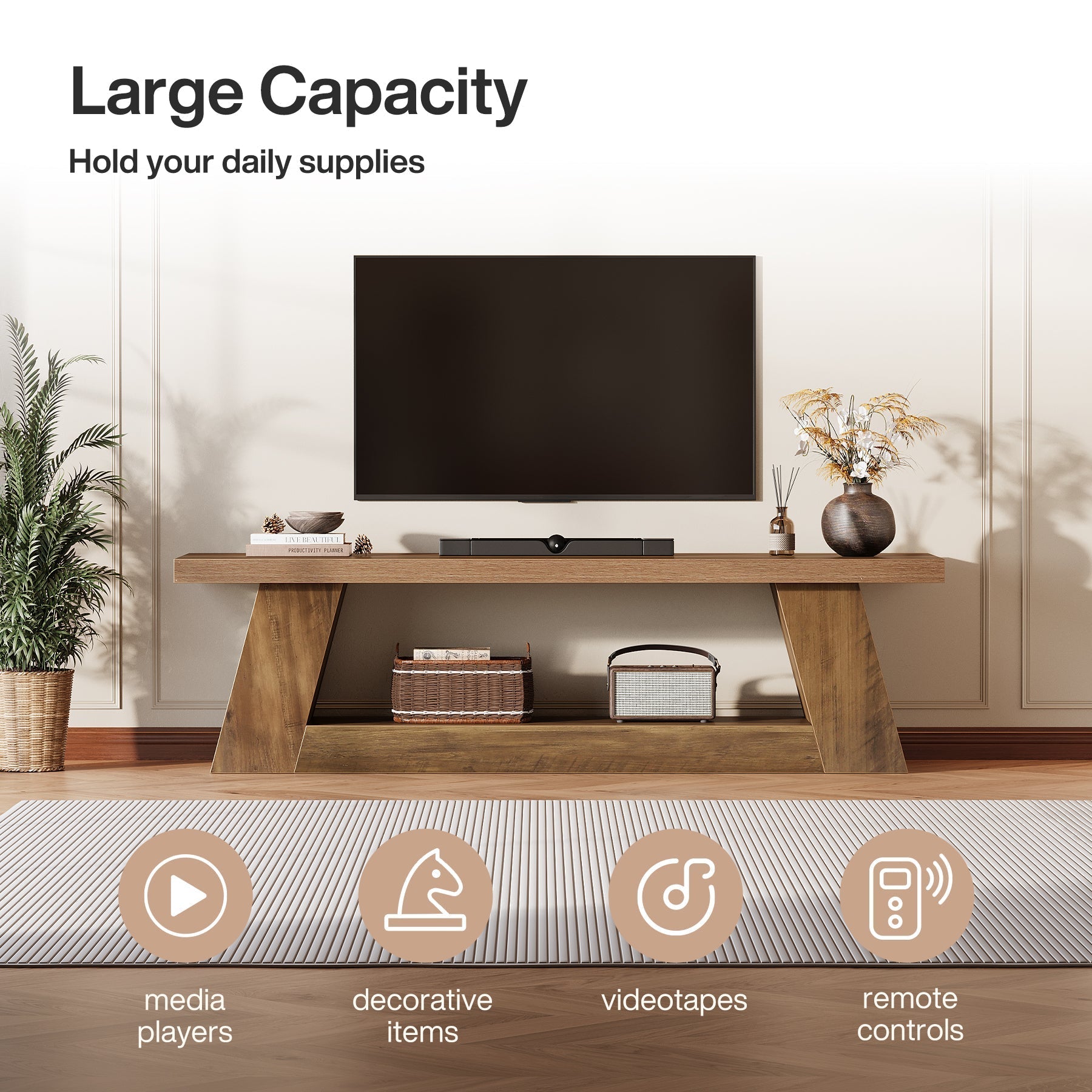 Tribesigns TV-meubel laag 160 cm voor televisies, rustieke stijl met open planken