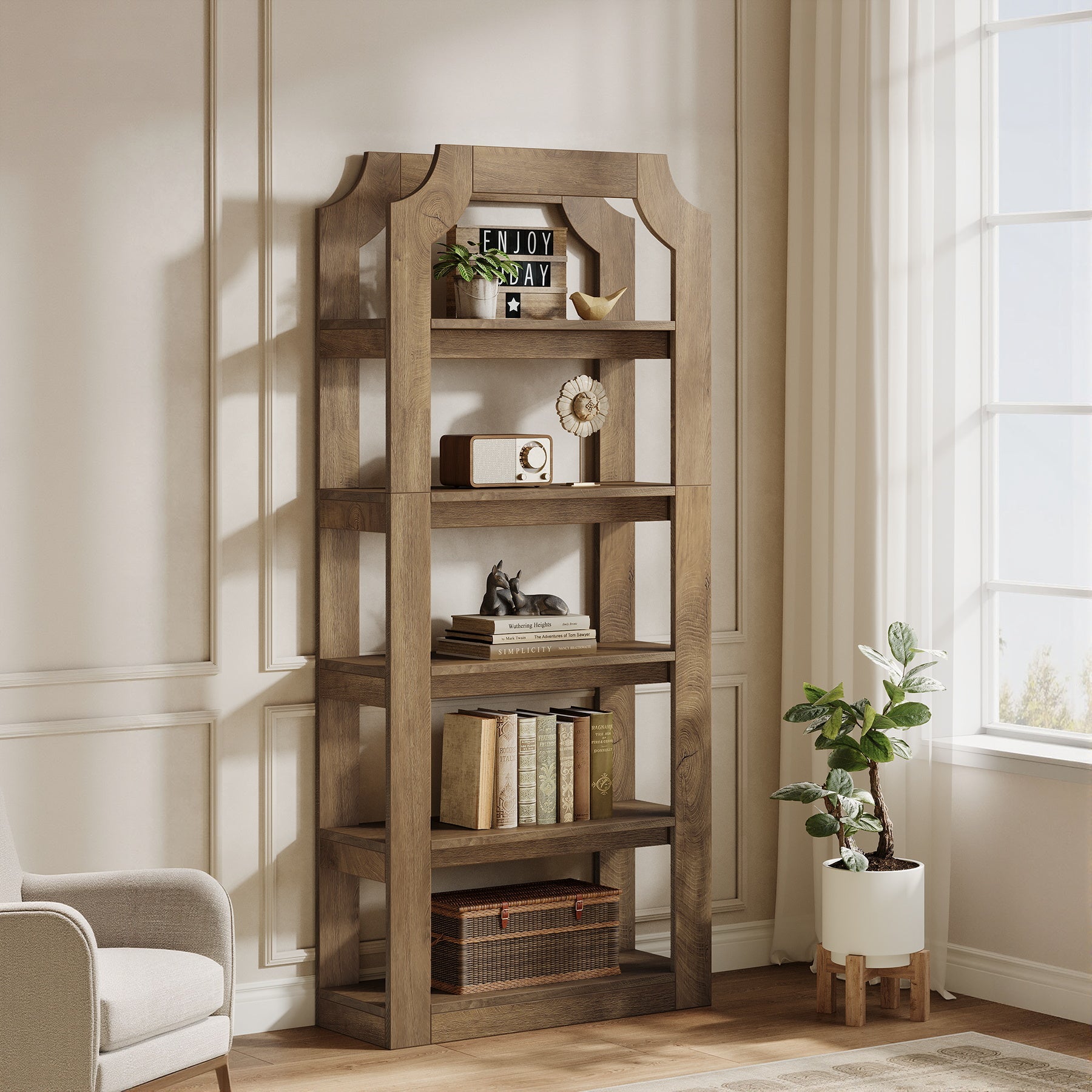 Tribesigns Bibliothèque à 5 Niveaux Style Rustique, Haute de 180 cm, Robuste et Autoportante pour Salon ou Bureau