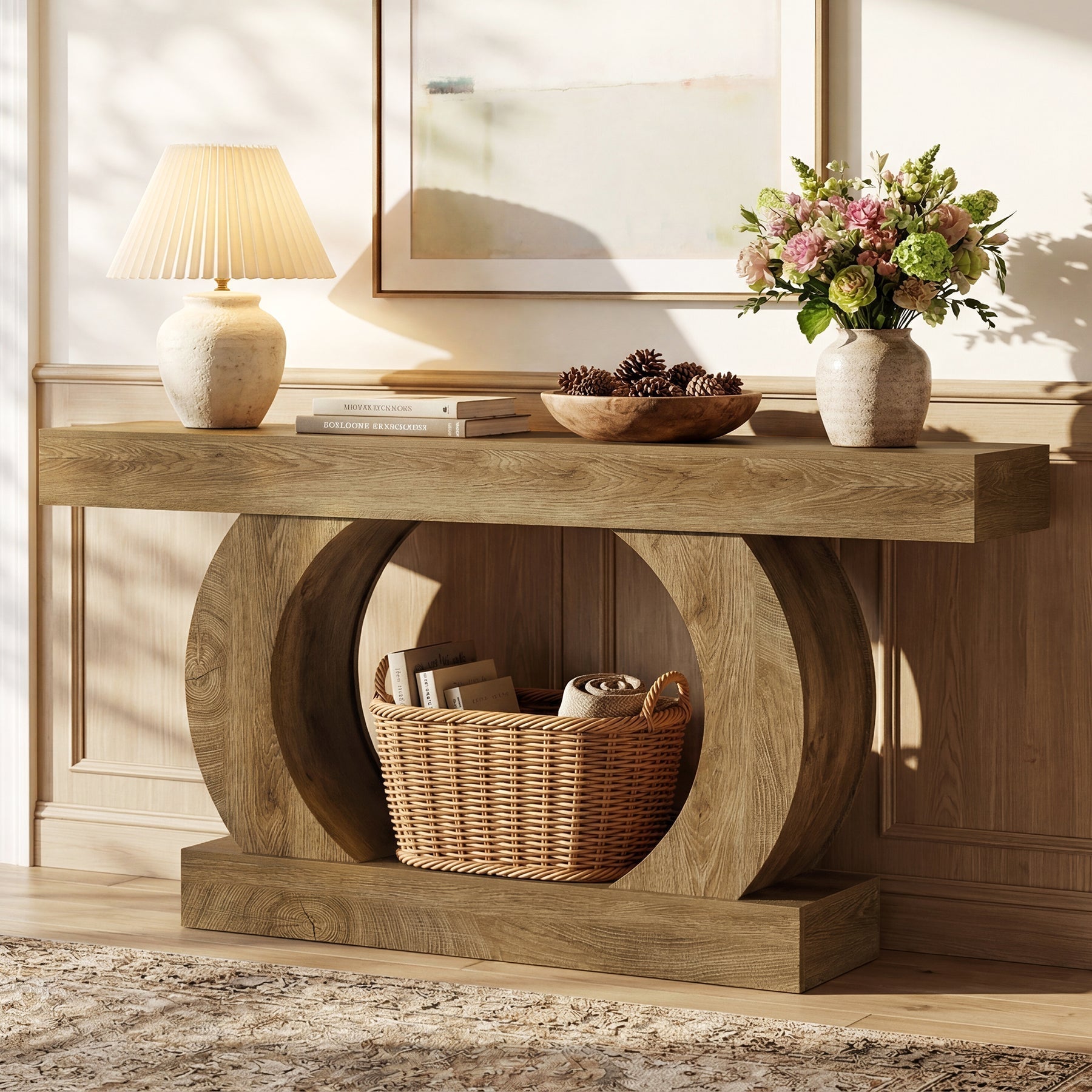 Console rustique 150 x 30 x 85 cm avec base ronde ouverte, Table d'entrée étroite à 2 niveaux pour couloir et salon