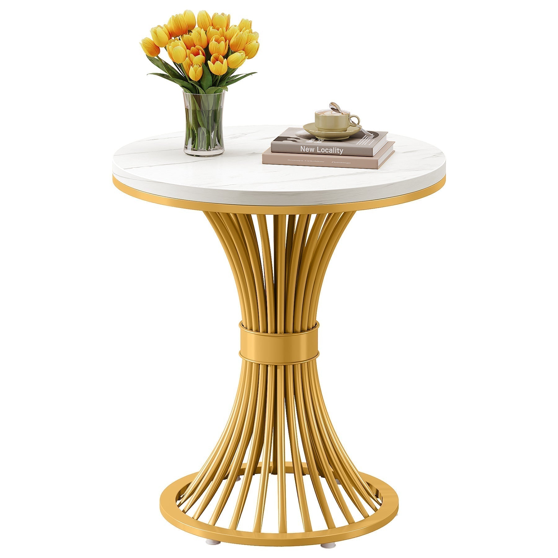 Tribesigns Table d'appoint ronde 51 cm avec plateau effet marbre, Table d'appoint blanche et piètement en métal doré