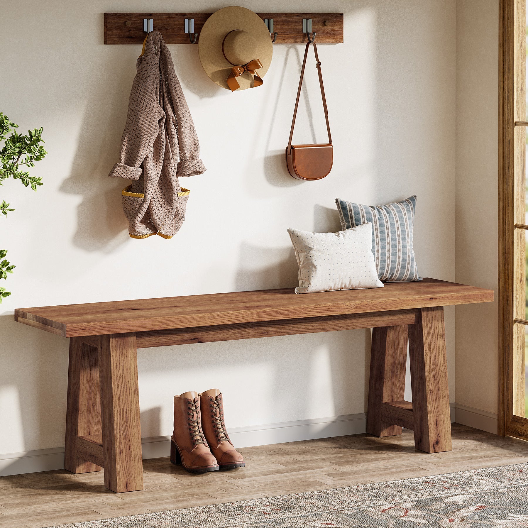 Tribesigns Banc Long 140 cm en Bois Massif, Banc d’Entrée Rustique en Bois Naturel
