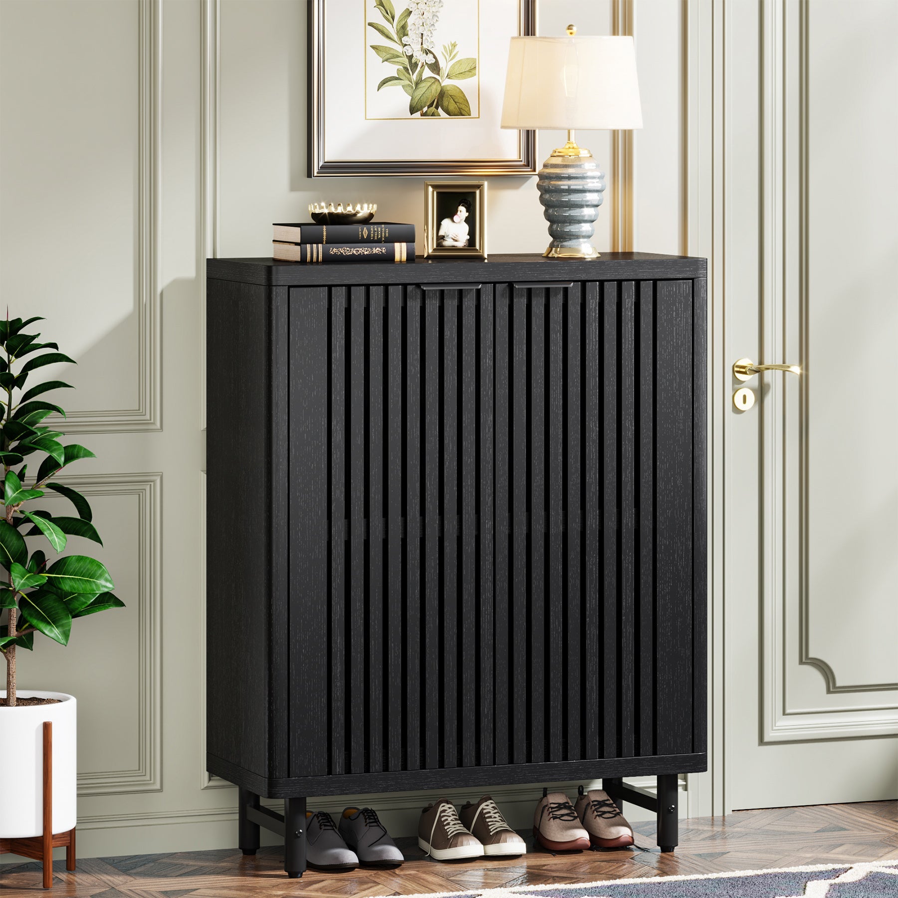 Tribesigns Armoire à Chaussures à 6 Niveaux avec Portes à persiennes, Grande Armoire de Rangement à Chaussures en Bois avec étagères réglables