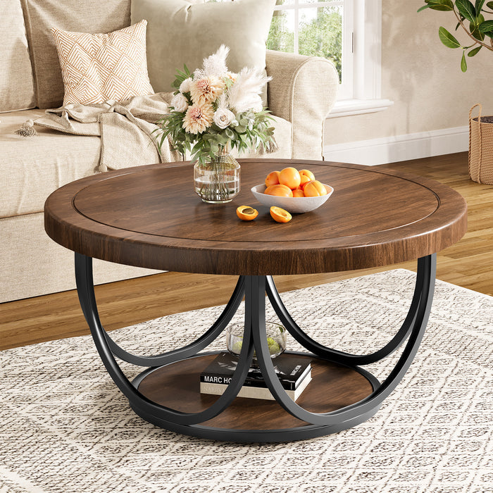 Tribesigns Table basse ronde de 80 cm avec étagère, Table de salon à deux niveaux de style industriel avec structure en métal