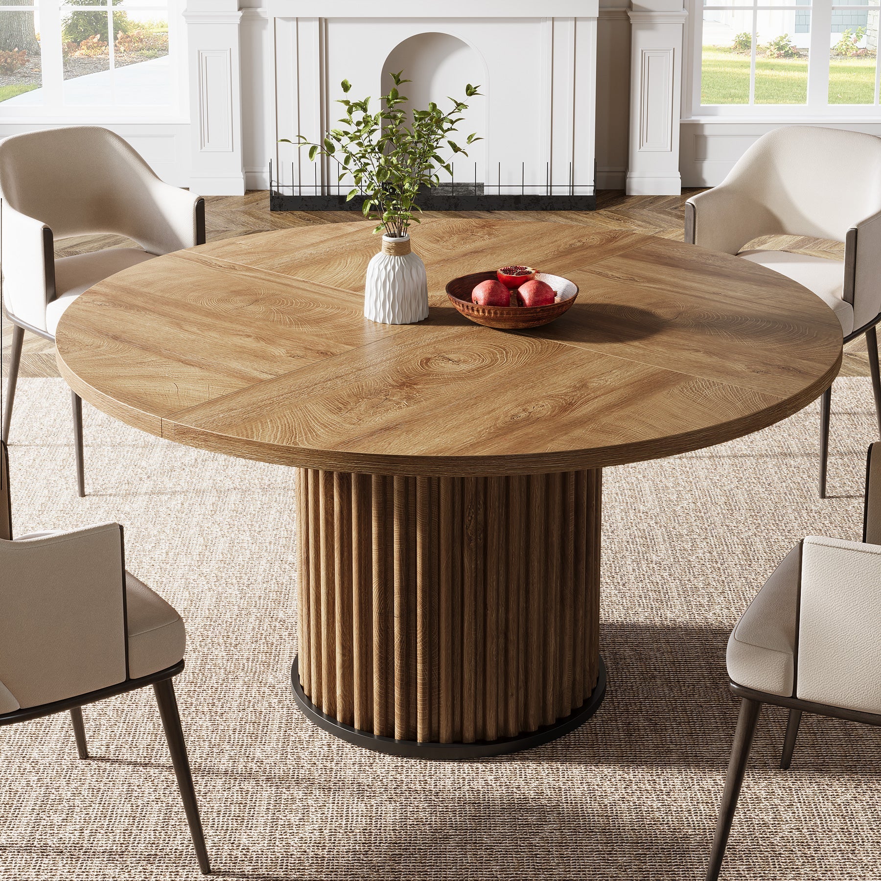 Tribesigns Table à manger ronde de 120 cm, Table de cuisine en bois avec base en métal rainuré robuste