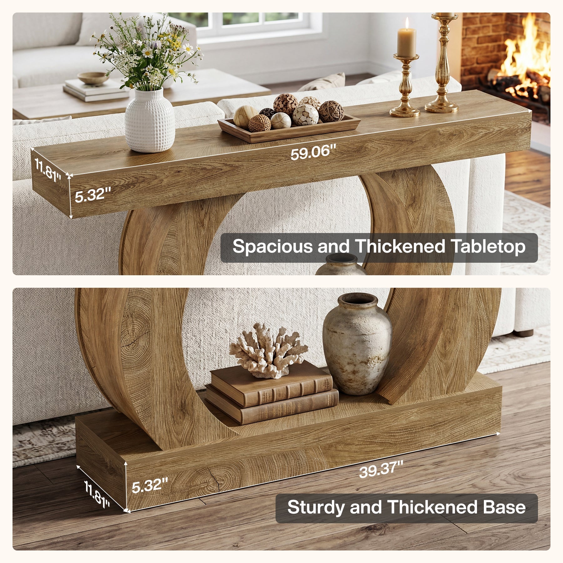 Console rustique 150 x 30 x 85 cm avec base ronde ouverte, Table d'entrée étroite à 2 niveaux pour couloir et salon