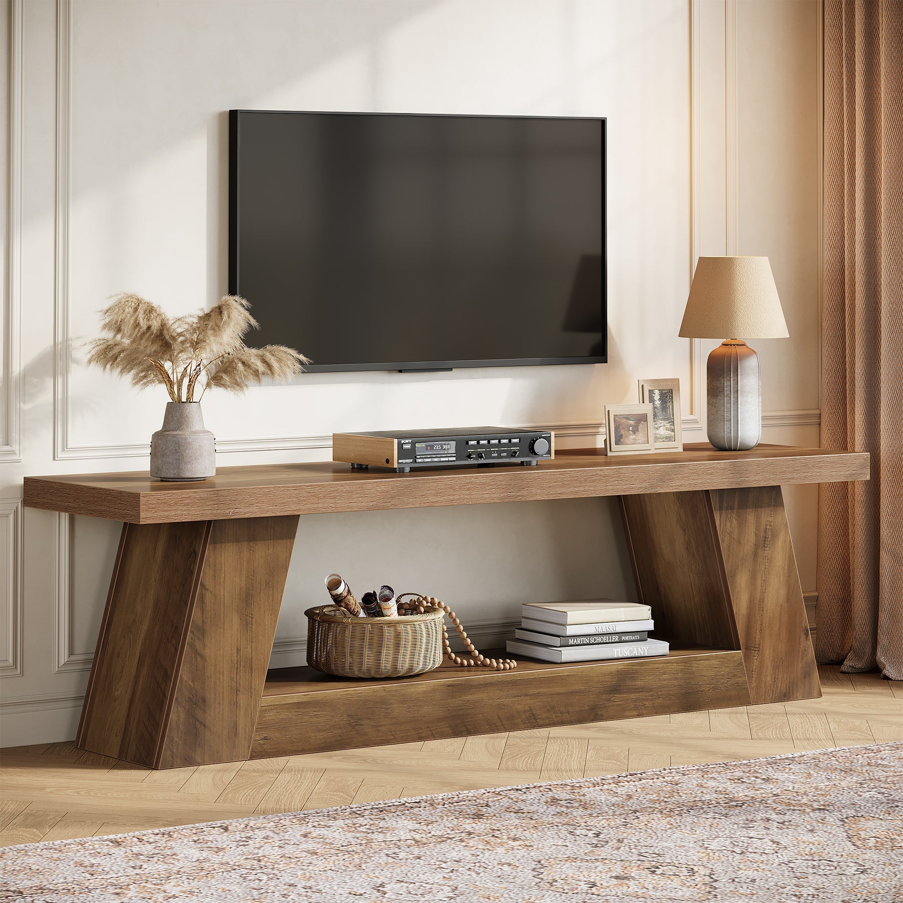 Tribesigns TV-meubel laag 160 cm voor televisies, rustieke stijl met open planken