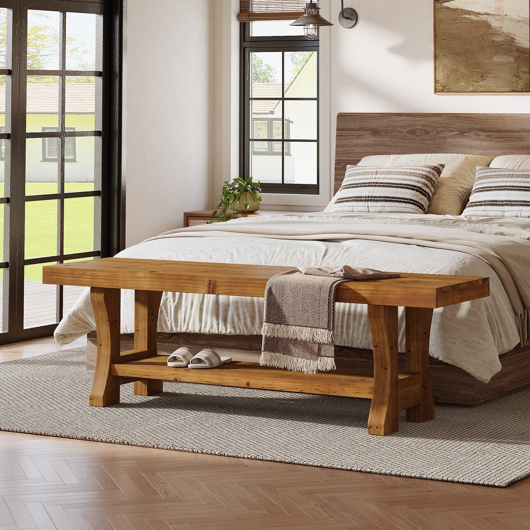 Tribesigns Banc en Bois Massif de 140 cm, Long Banc Style Rustique avec Rangement