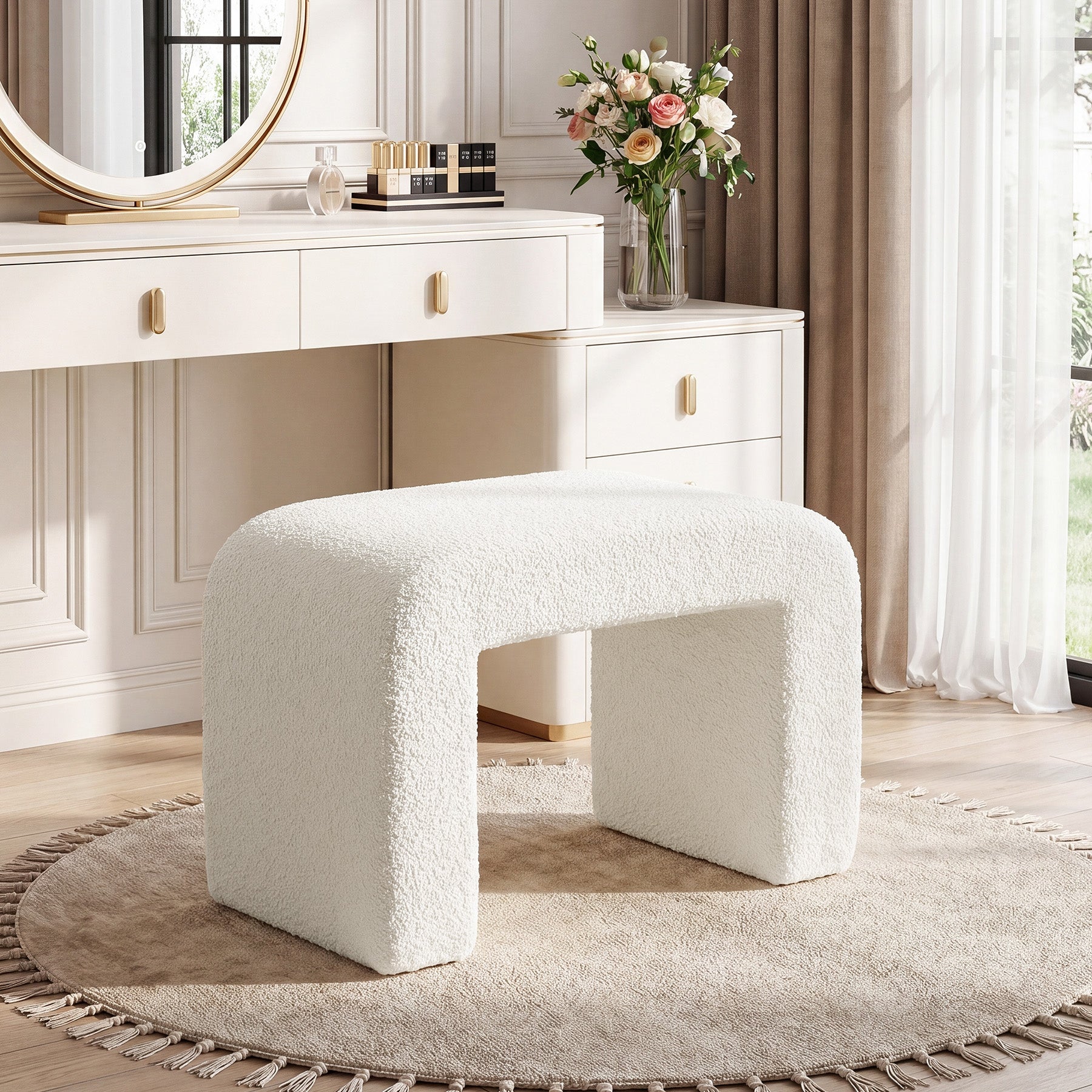 Tribesigns Pouf Rembourré en Sherpa, Tabouret de Coiffeuse Moderne en Tissu Bouclé