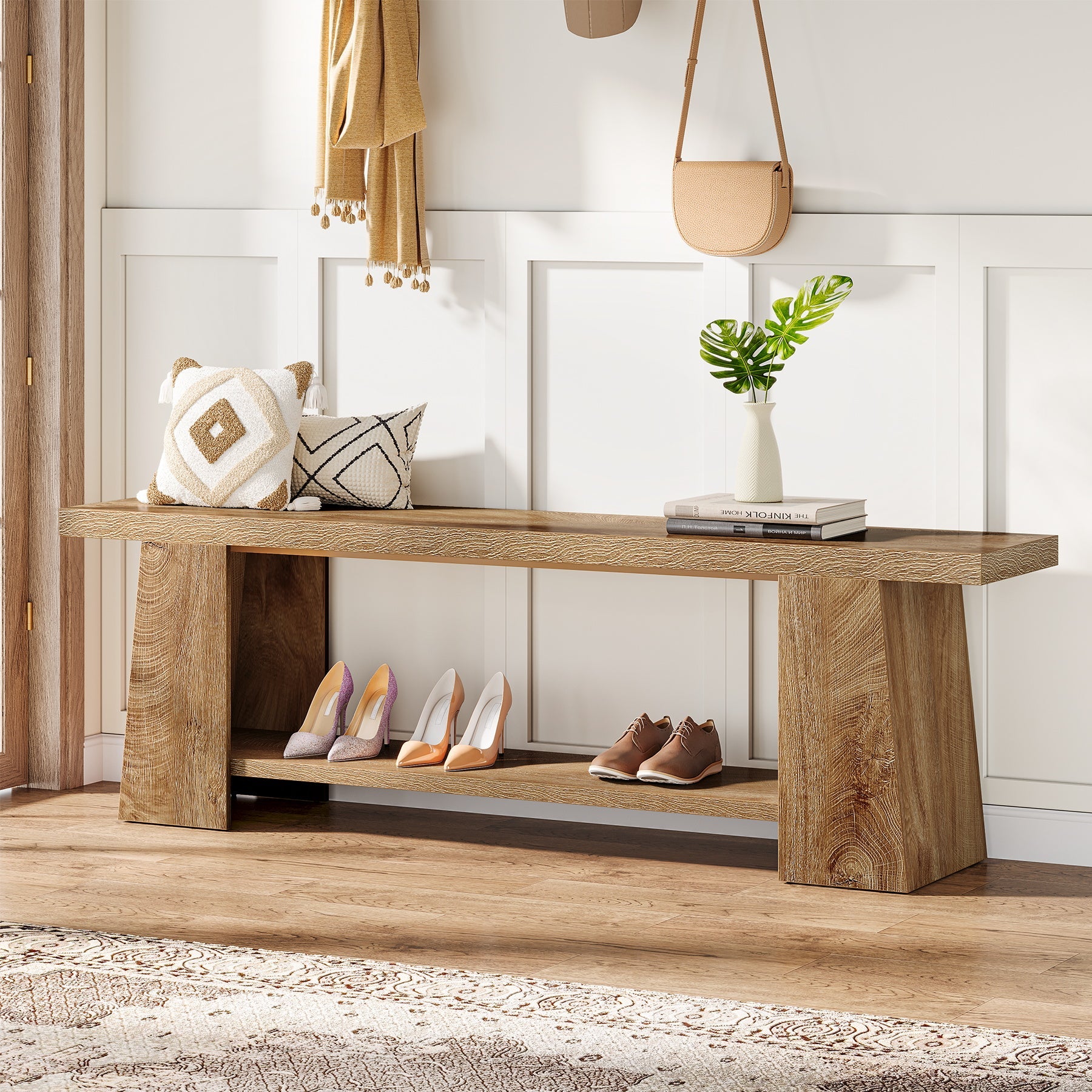 Tribesigns Banc à Chaussures 150 cm, Banc en Bois à 2 Niveaux avec Rangement