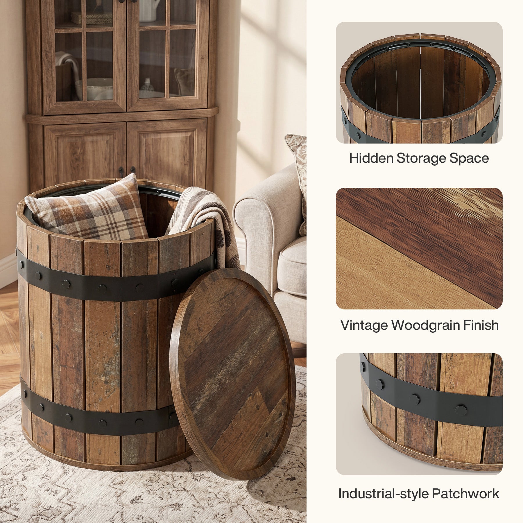 Tribesigns Table d’Appoint Ronde Forme Tonneau avec Rangement, Ø 50 cm, pour Salon et Chambre