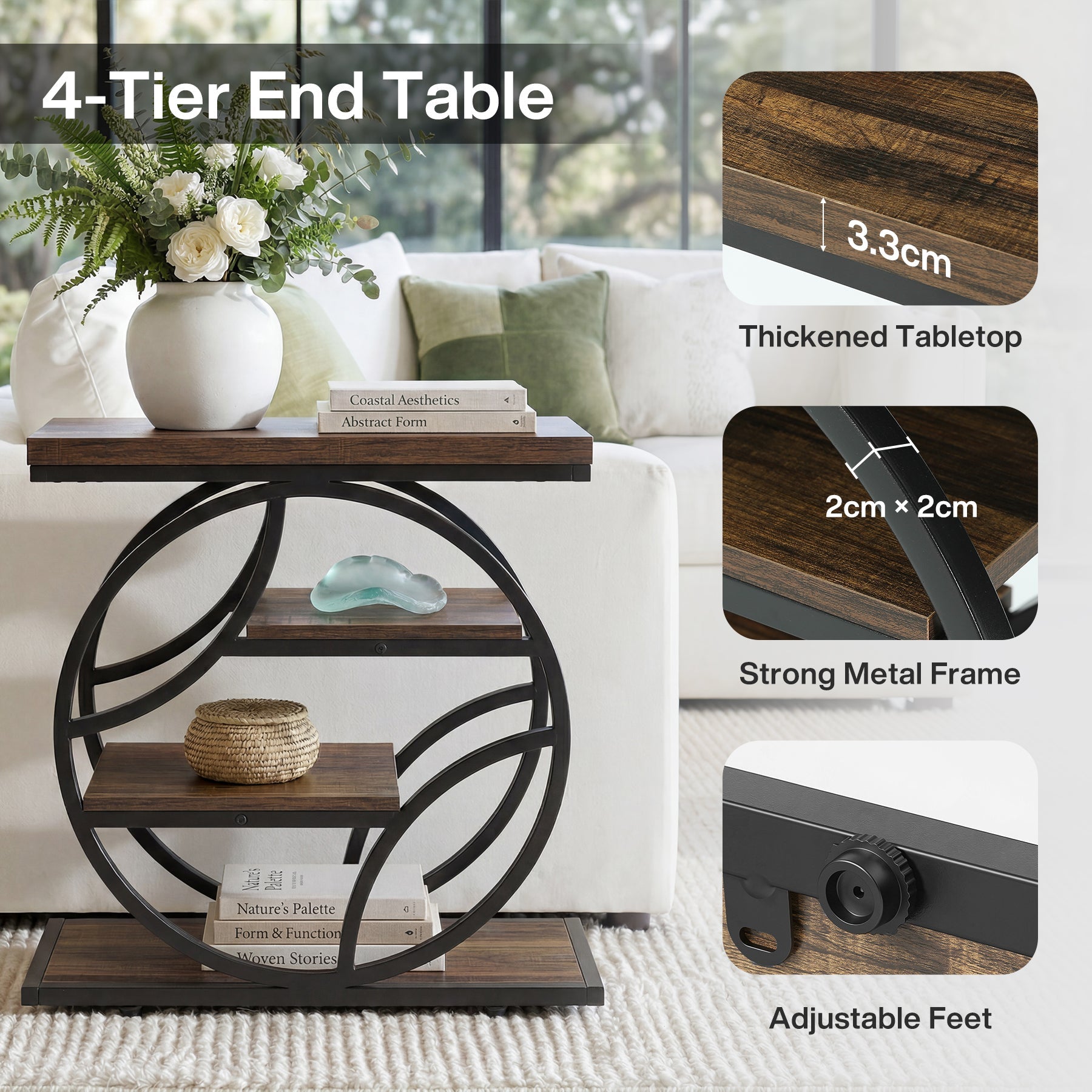 Tribesigns Table d’appoint de 65 cm, étagère industrielle à 4 niveaux avec structure métallique géométrique