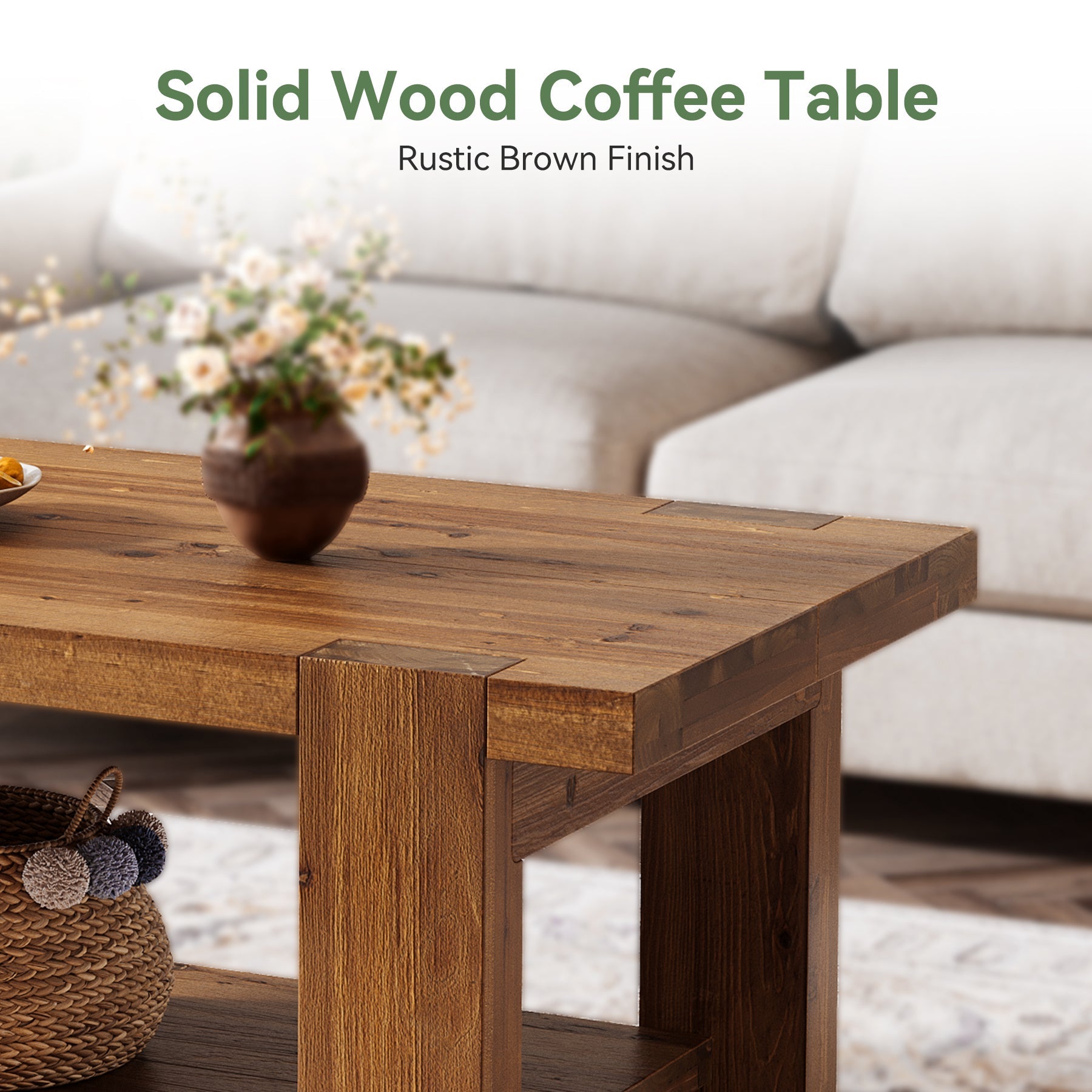 Tribesigns Table Basse Rectangulaire en Bois Massif de 120 cm avec Étagère