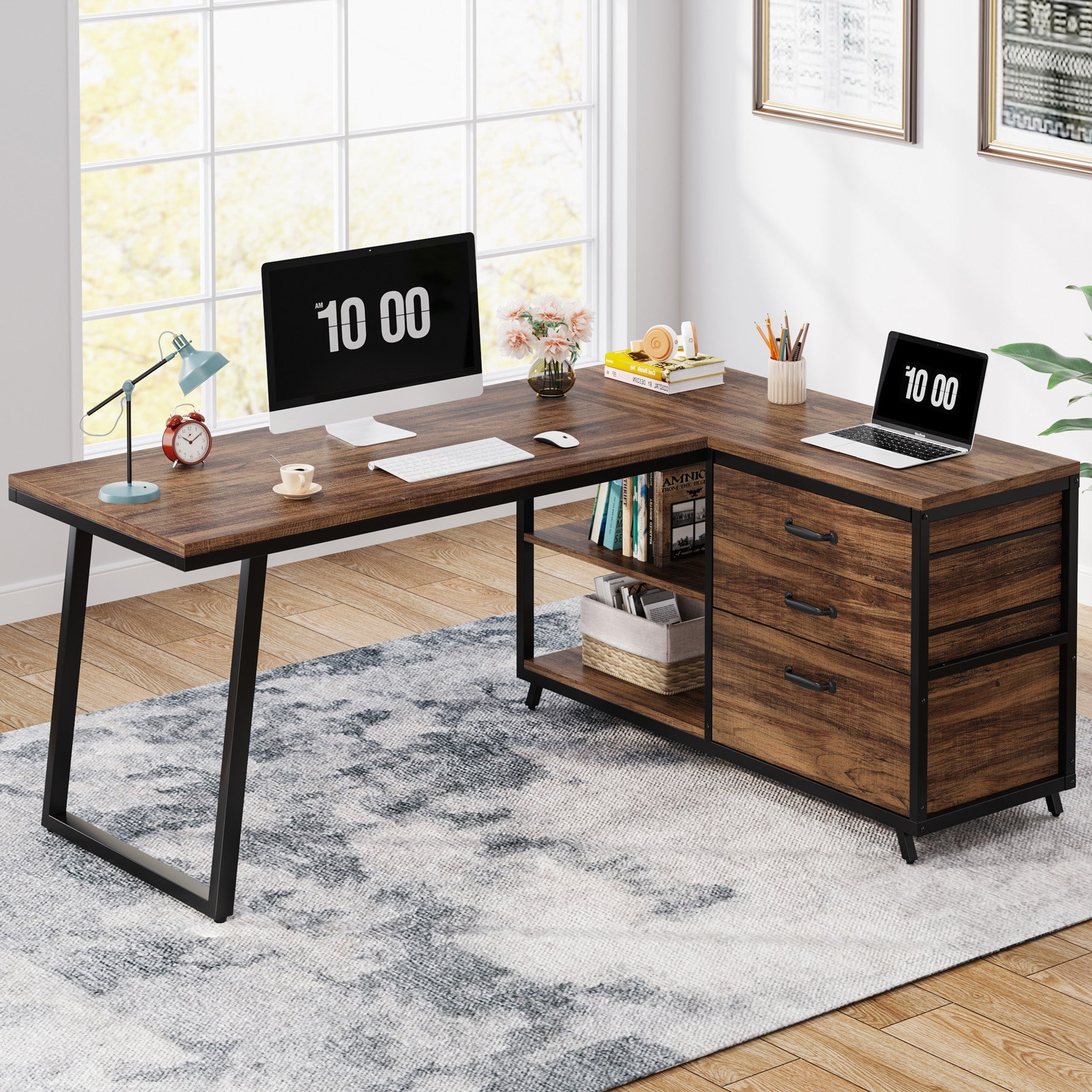 Tribesigns Bureau d'ordinateur en forme de L avec 3 tiroirs, Bureau d'angle réversible avec étagères