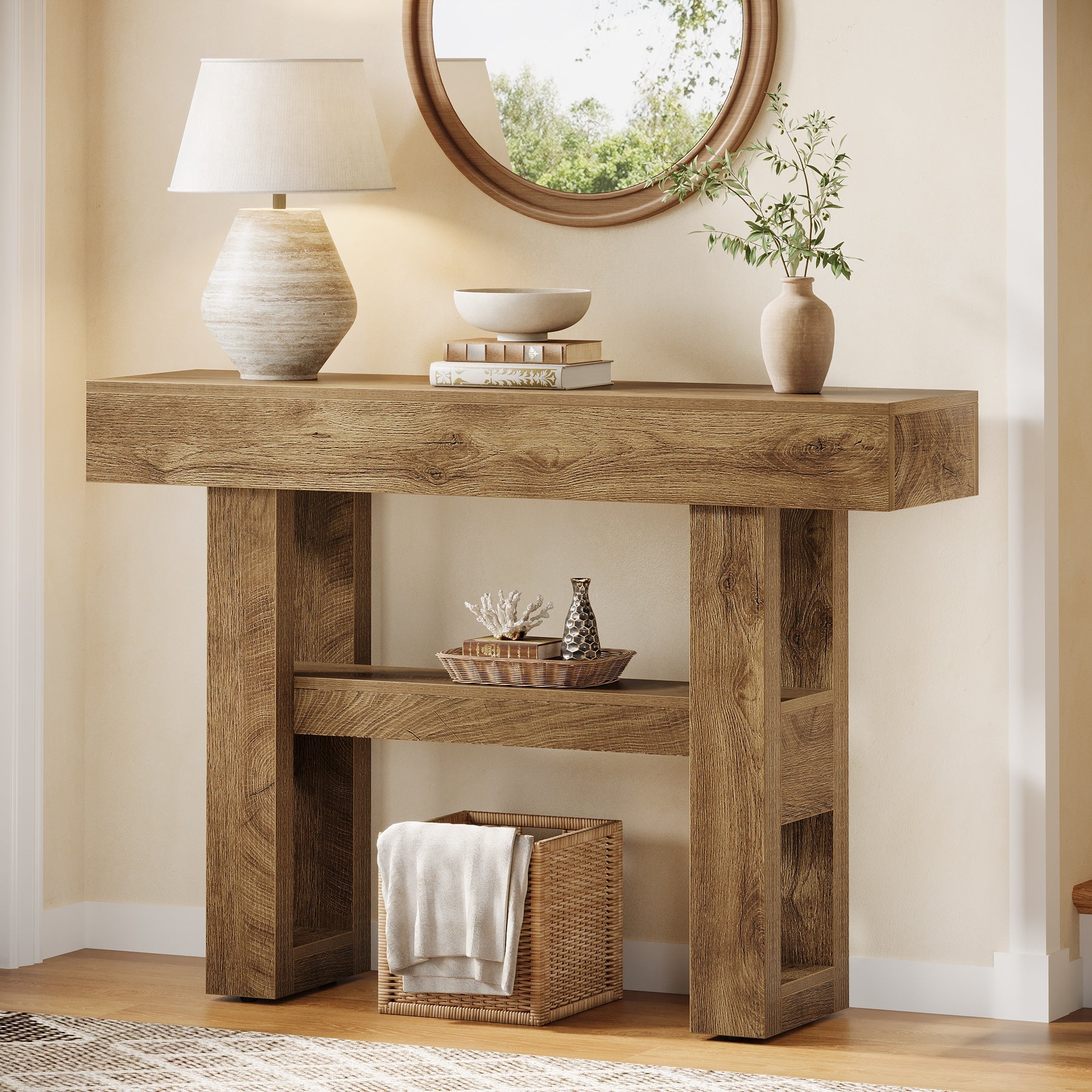 Tribesigns Farmhouse Smalle 2-laags consoletafel, Entreetable met opbergvakken