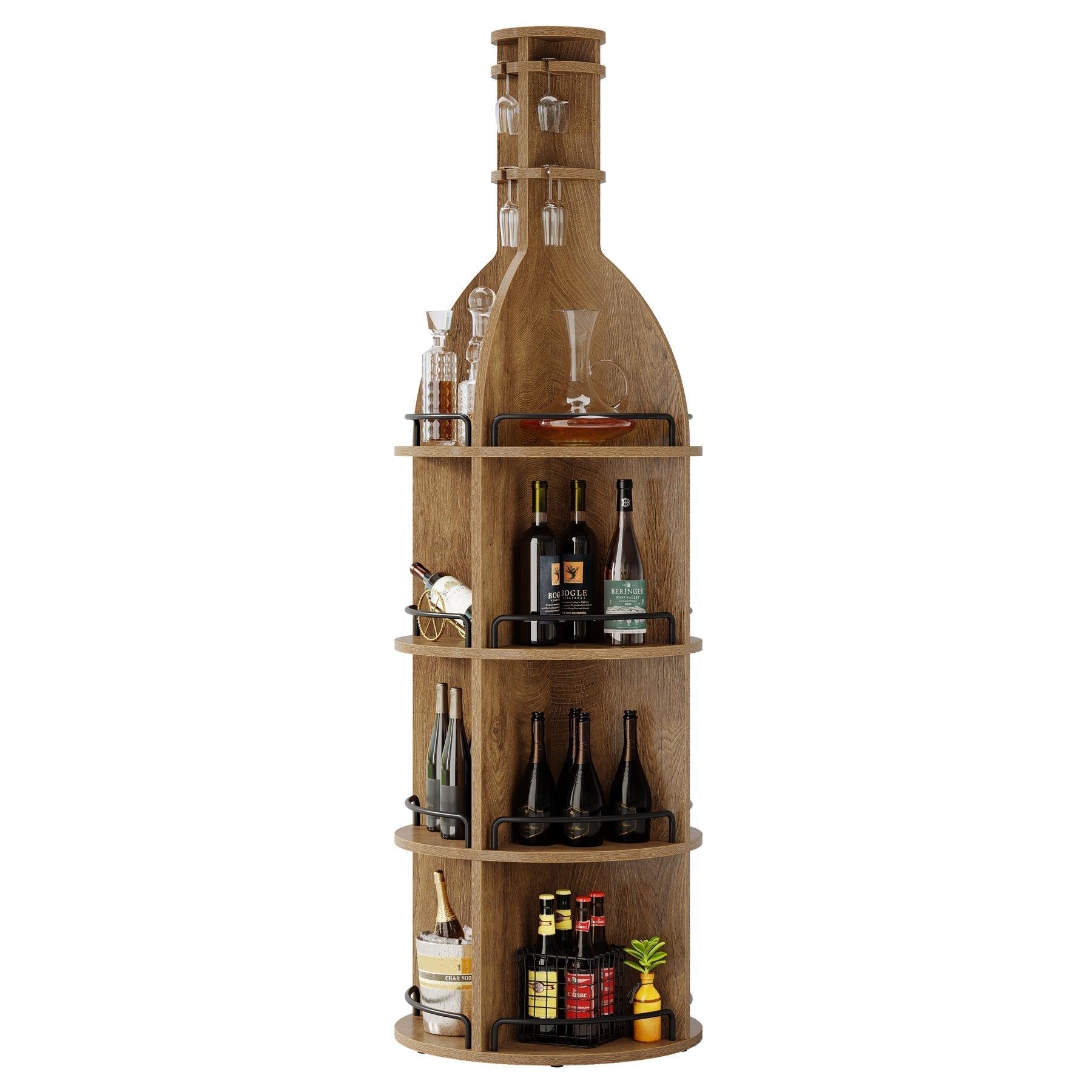 Casier à vin de 190 cm de haut avec étagères de rangement, Meuble à vin rond de style industriel avec porte-verres
