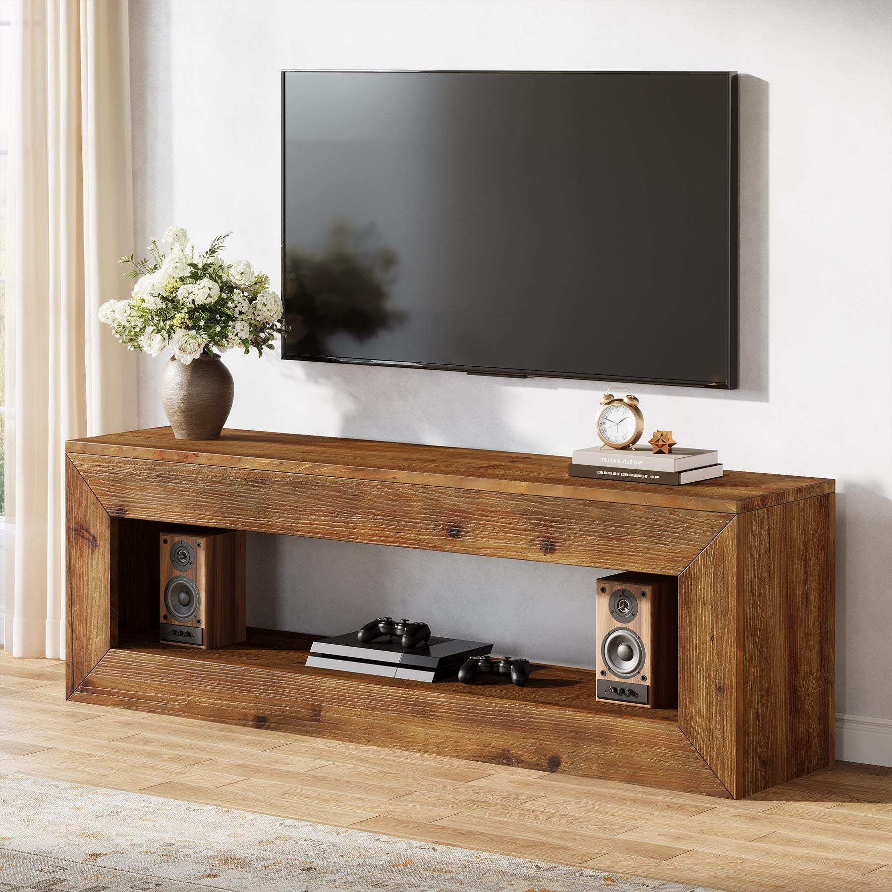 Tribesigns Meuble TV de 120 cm en Bois Massif avec Rangement, Meuble Bas Rustique pour Équipements Multimédias