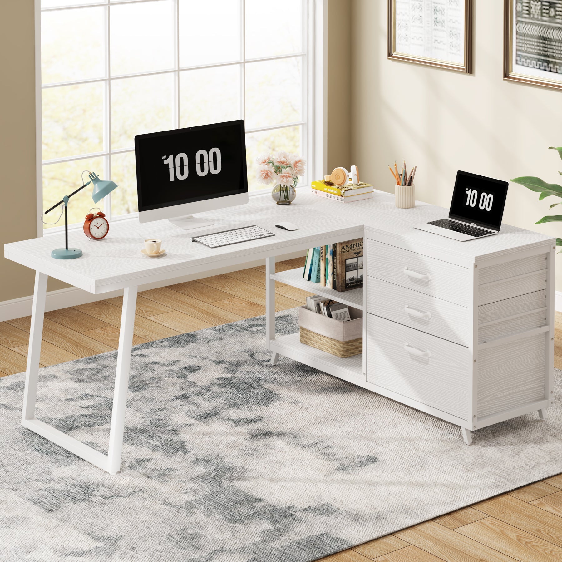 Tribesigns Bureau d'ordinateur en forme de L avec 3 tiroirs, Bureau d'angle réversible avec étagères