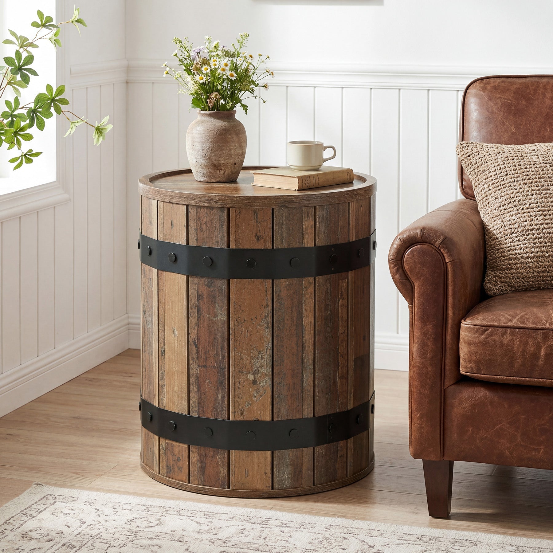 Tribesigns Table d’Appoint Ronde Forme Tonneau avec Rangement, Ø 50 cm, pour Salon et Chambre