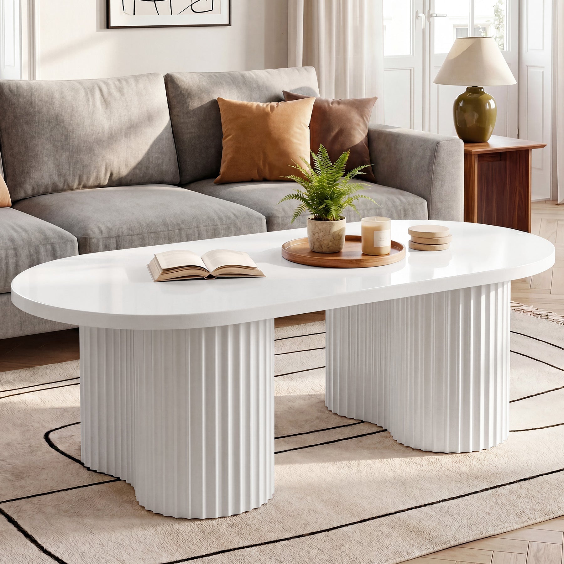Tribesigns Table Basse Ovale de 120 cm, Table de Salon Moderne avec Surface Rainurée Minimaliste