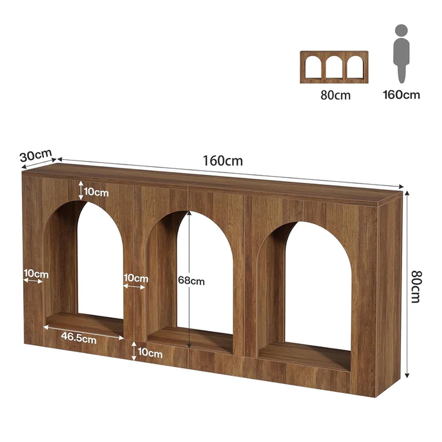 Console de 160 cm table étroite en bois avec 3 étagères cintrées, Table basse à placer derrière le canapé