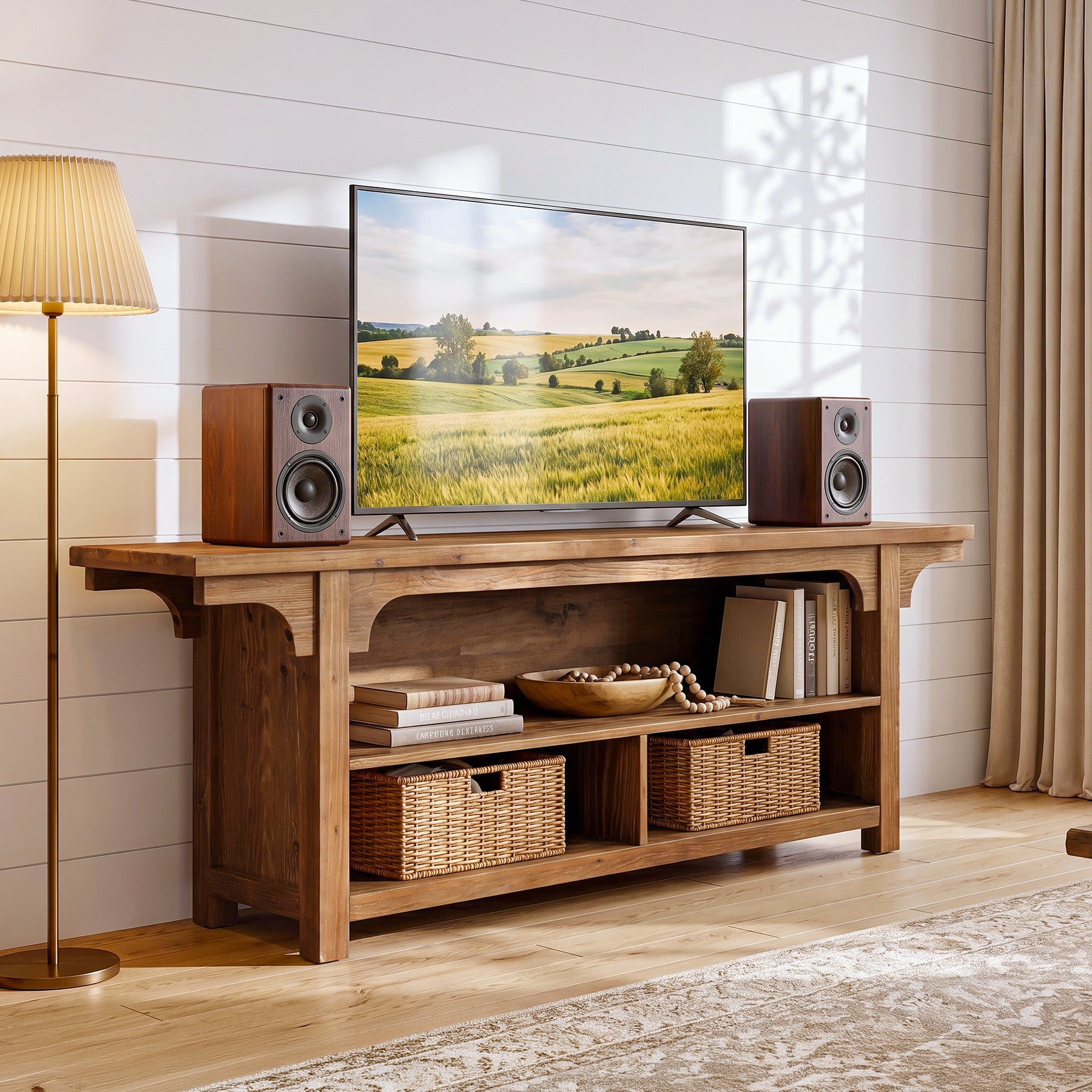 Tribesigns Meuble TV Bas en Bois Massif 160 cm pour TV 55 à 70 Pouces avec 3 Compartiments Ouverts