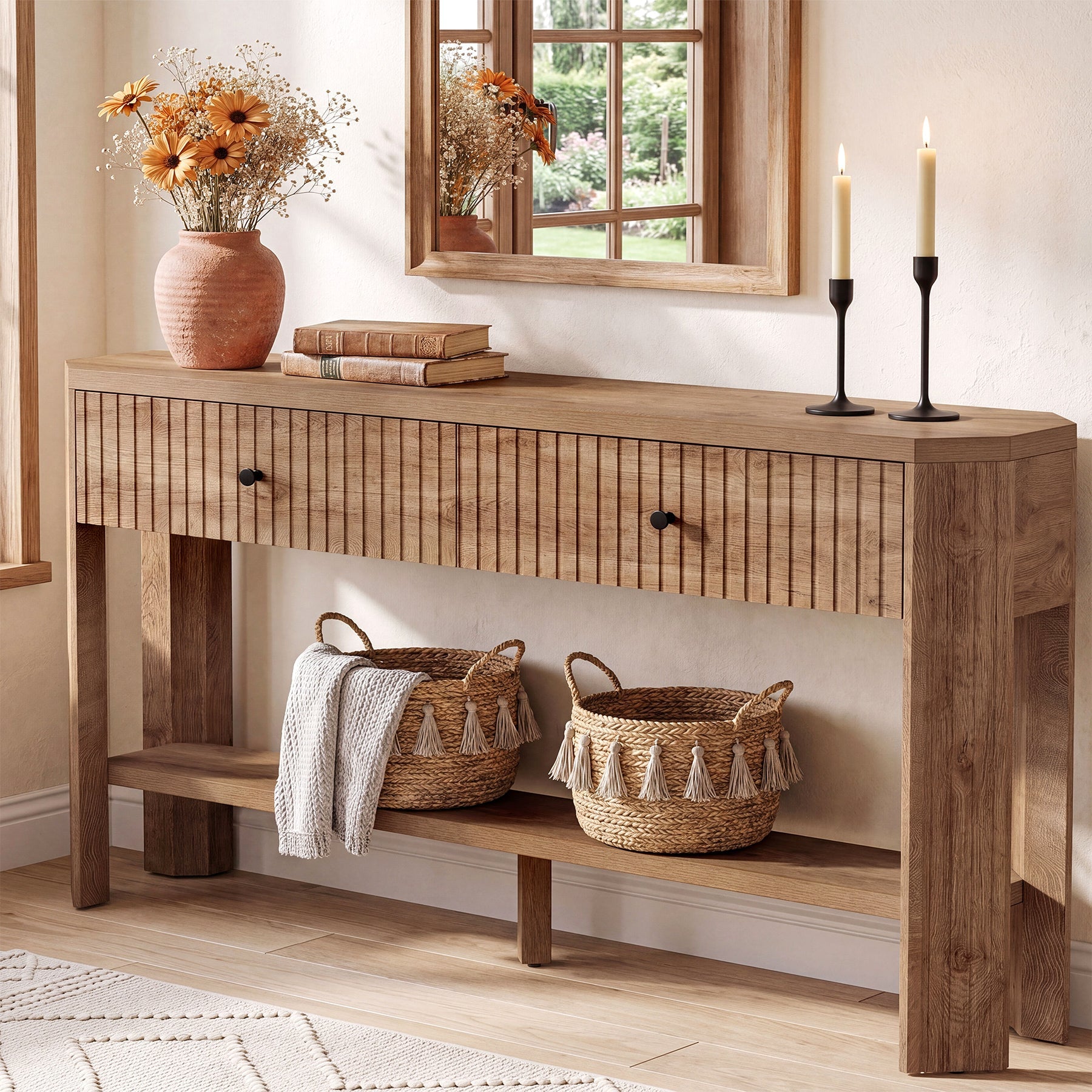 Tribesigns Console de 150 cm avec 2 Tiroirs, Table d’Entrée Étroite et Moderne avec Étagère