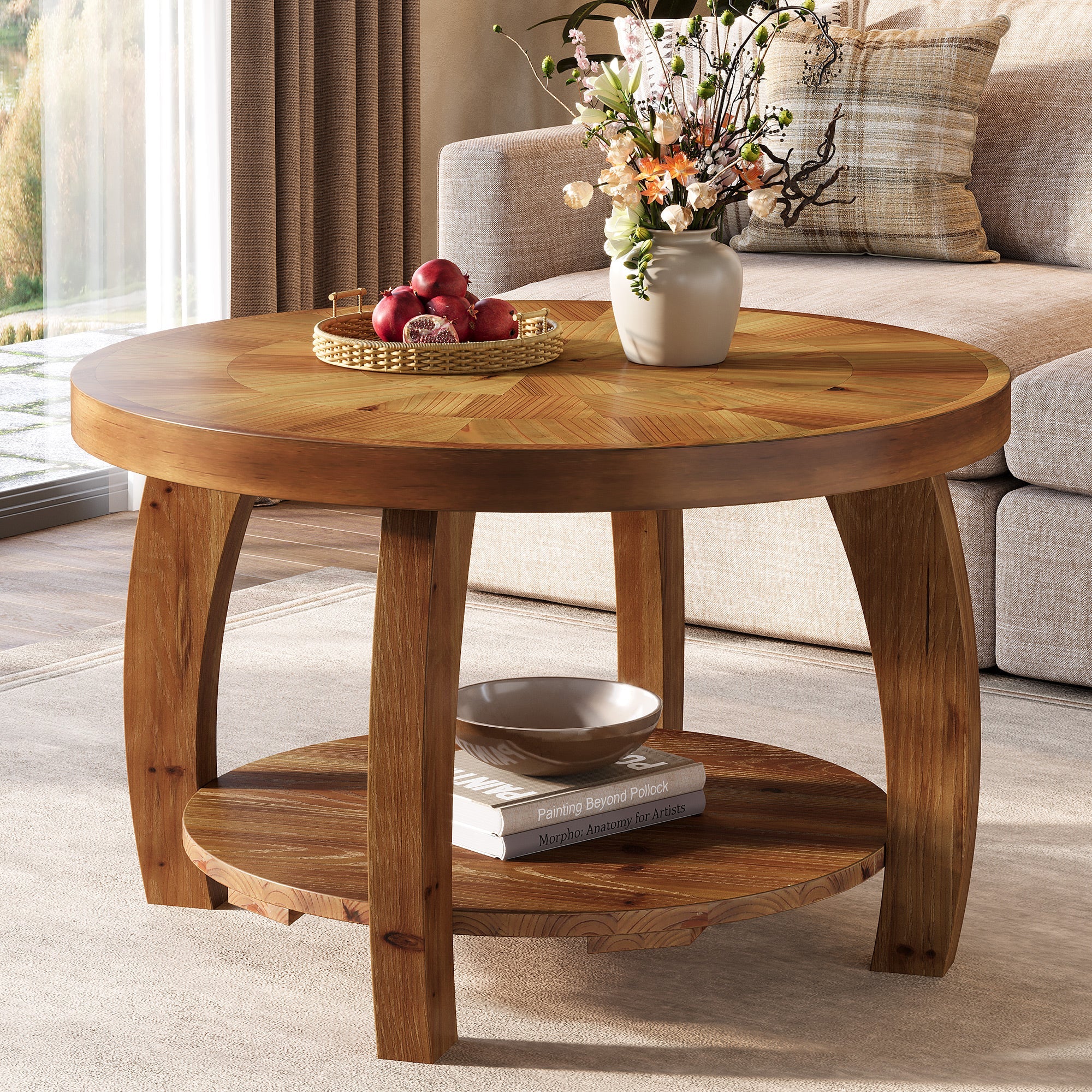 Tribesigns Table Basse Ronde en Bois Massif de 80 cm, Table à Deux Niveaux