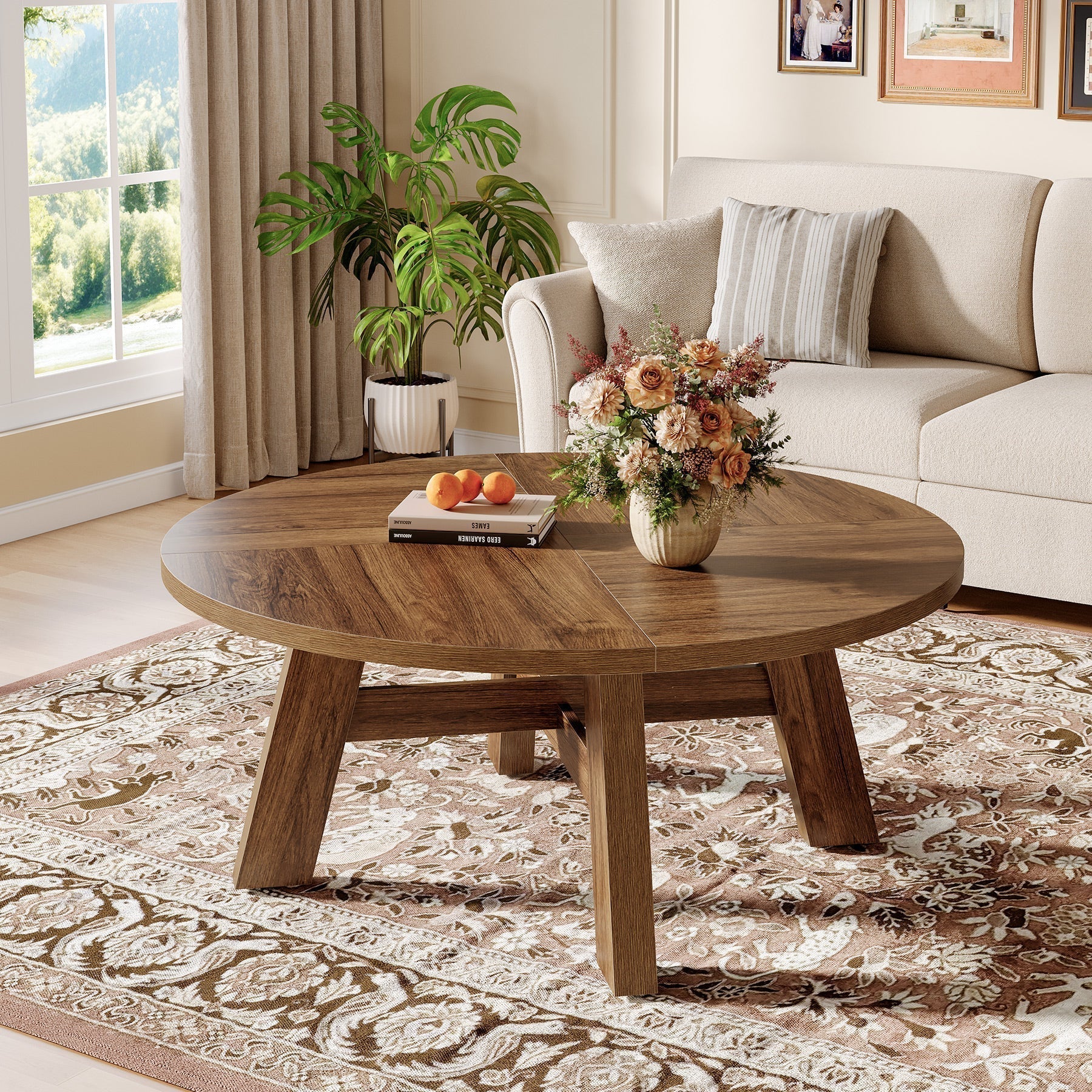 Tribesigns Table basse ronde de style moderne du milieu du siècle 100 cm avec traverses en bois