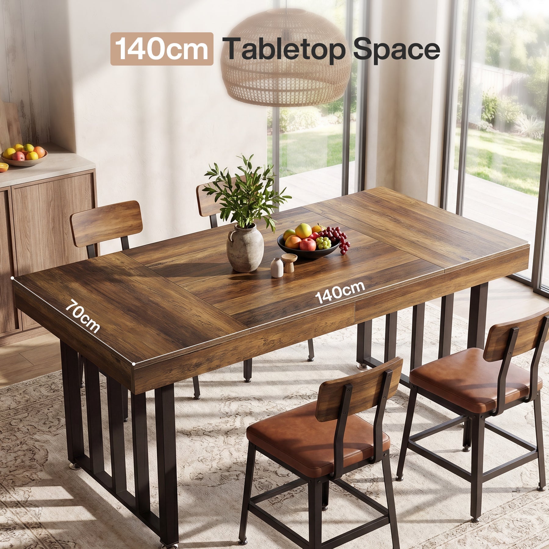 Table à manger 140 cm pour 4 personnes, Table de cuisine rectangulaire avec pieds en métal robustes