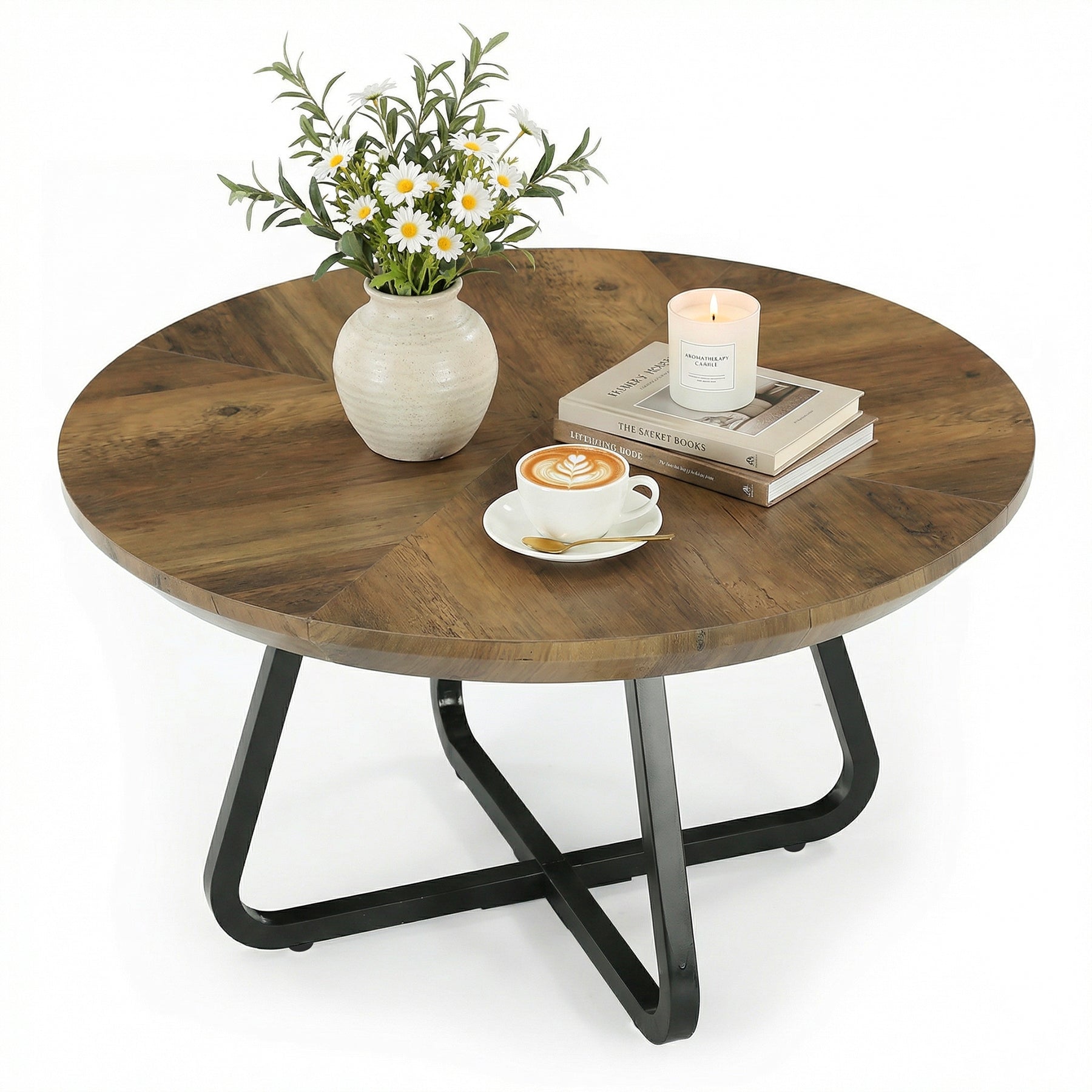Tribesigns Table Basse Ronde 80 cm, Style Industriel avec Pieds en Métal
