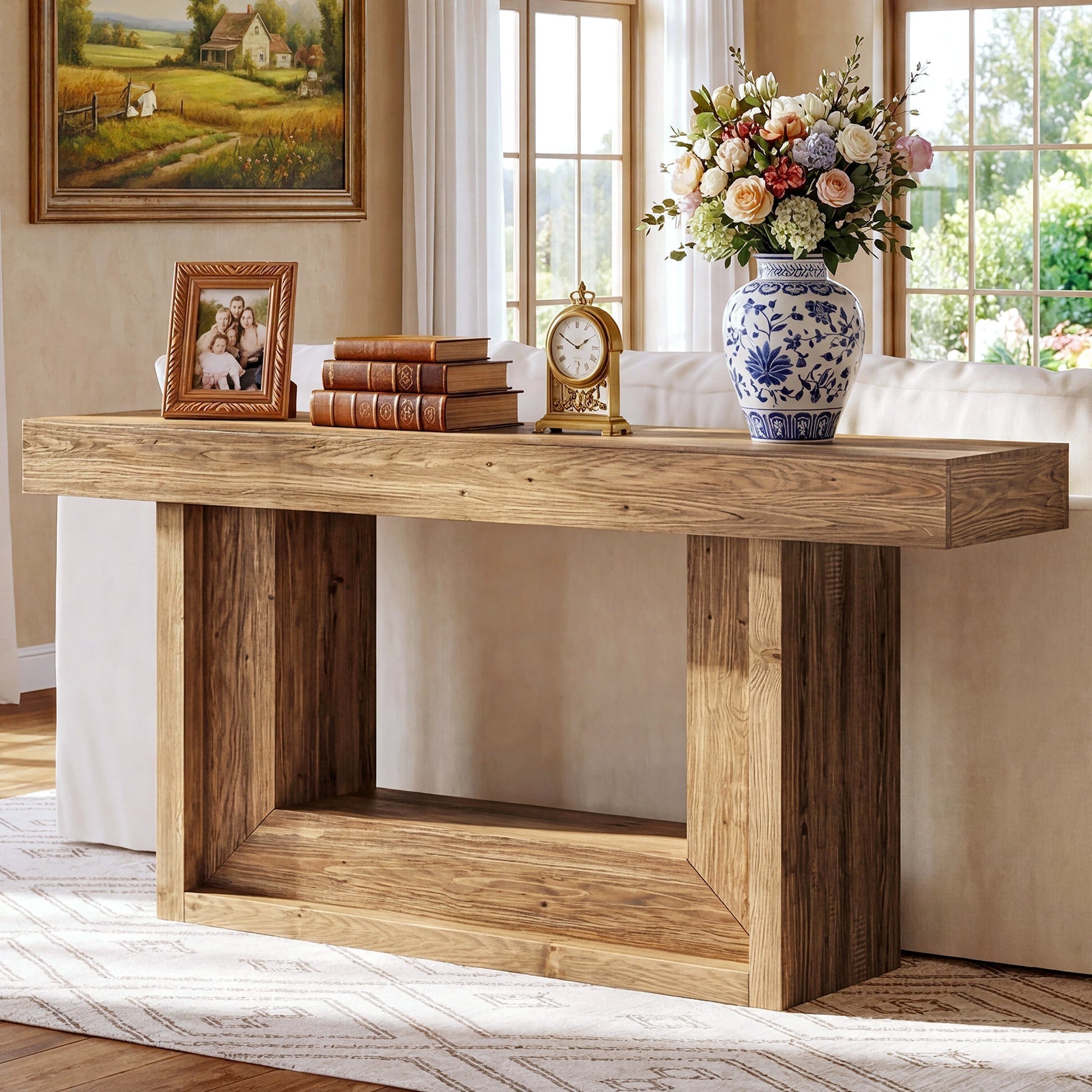 Tribesigns 160cm Massief houten smalle console tafel, landelijke stijl met U-vormige basis en plank