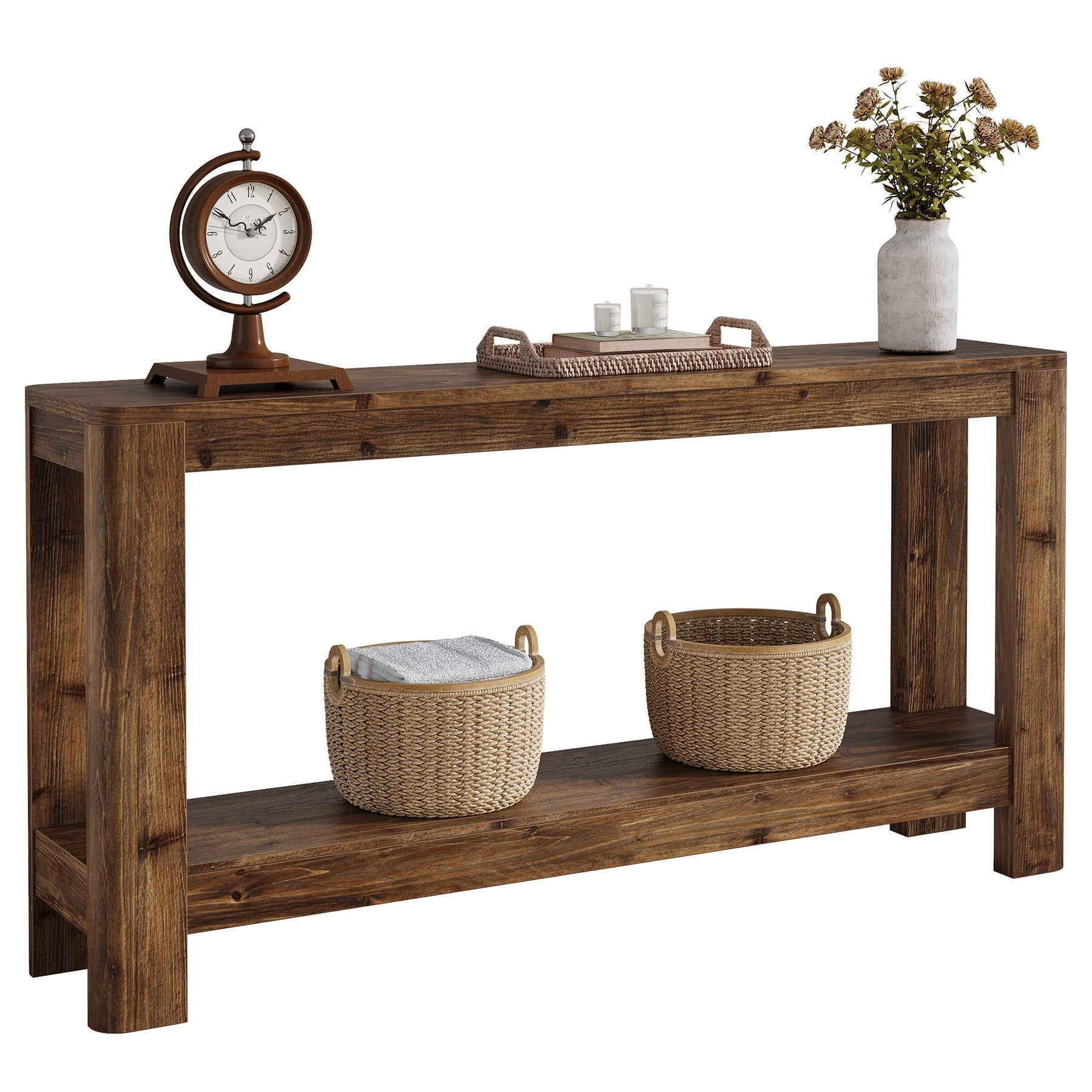 Tribesigns Console en bois massif de 160 cm, Table d'appoint étroite style ferme avec étagère