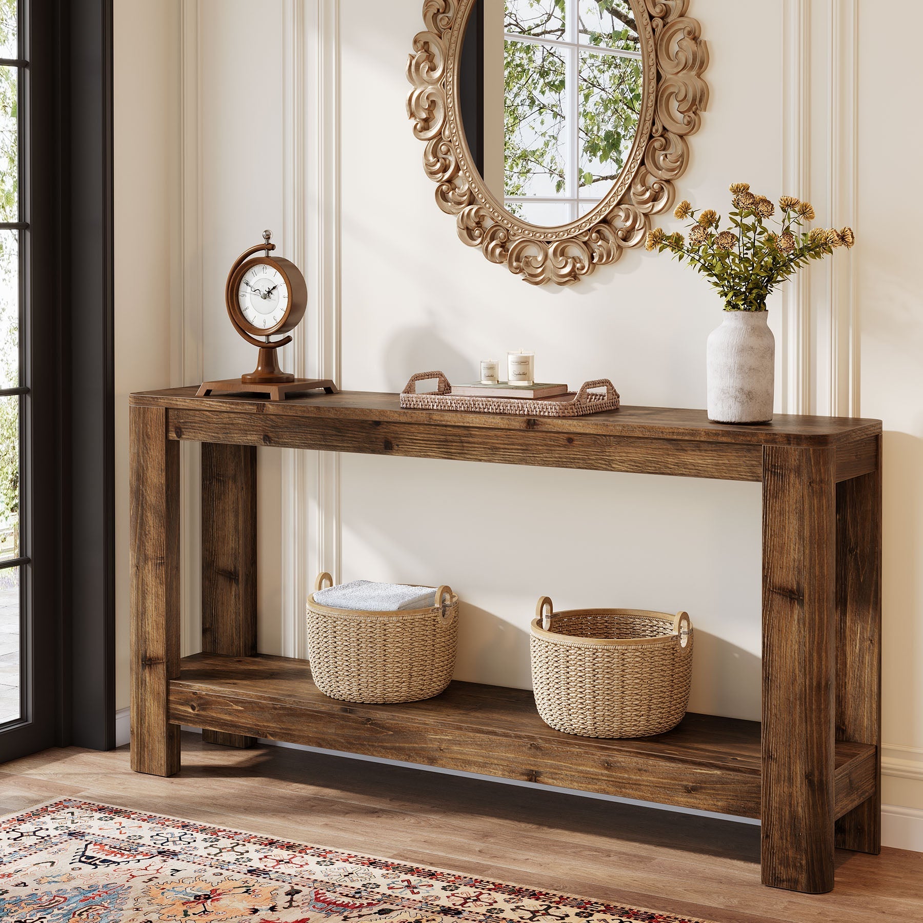 Tribesigns Console en bois massif de 160 cm, Table d'appoint étroite style ferme avec étagère