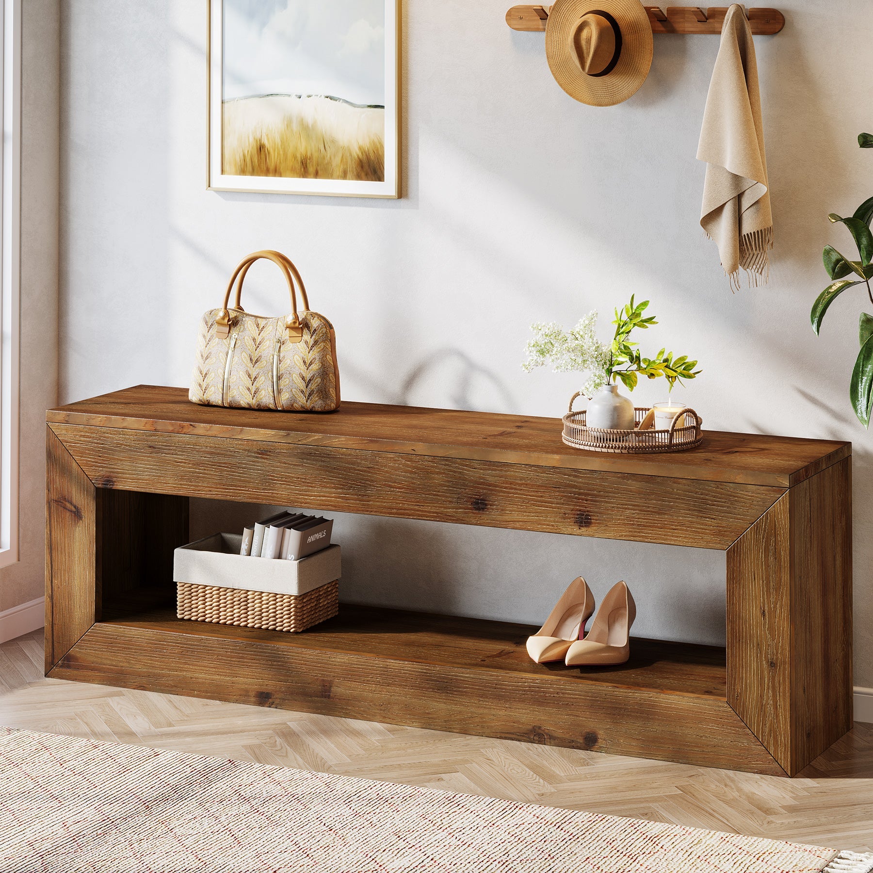 Tribesigns Banc d’Entrée en Bois Massif de 120 cm avec Étagère de Rangement, Style Rustique