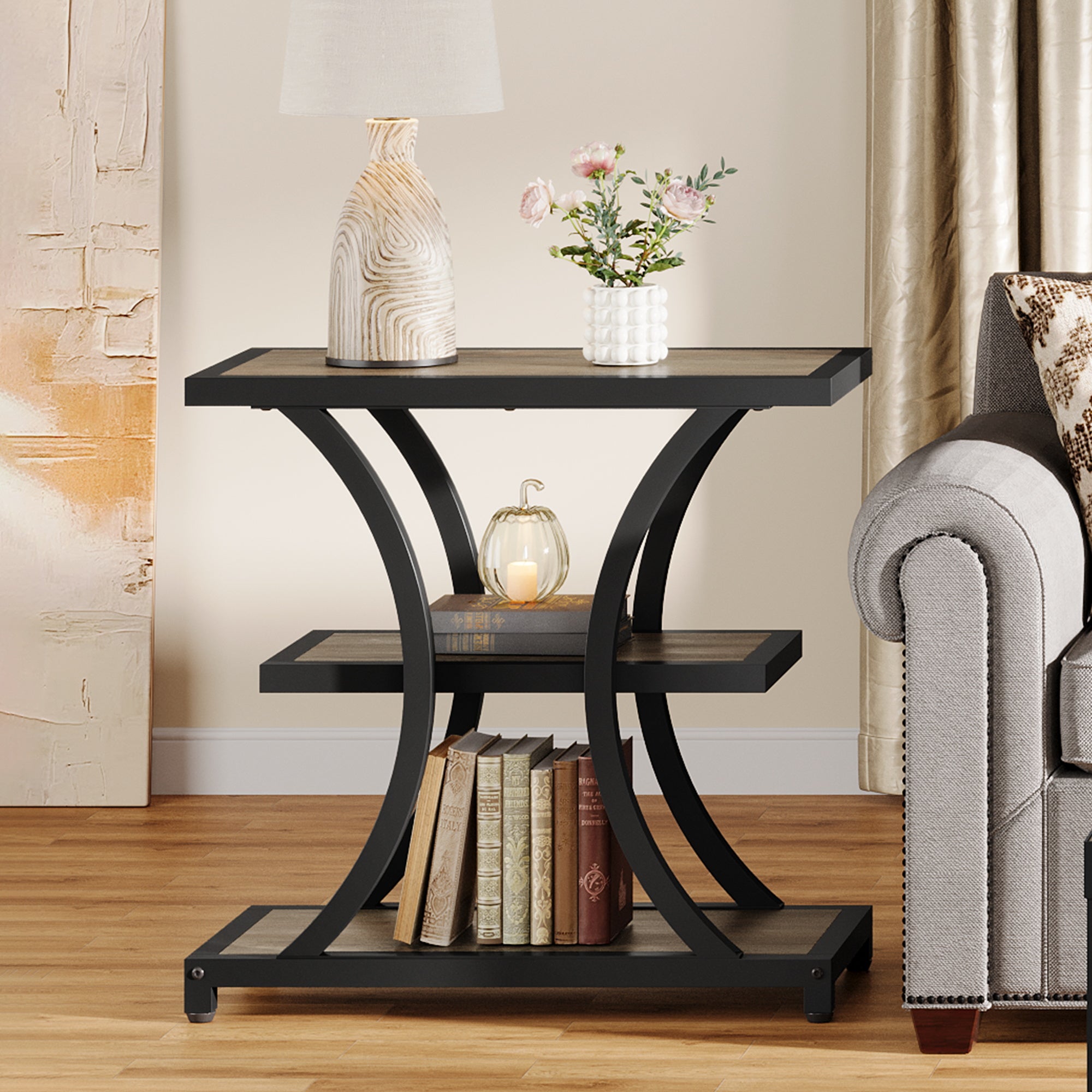 Tribesigns Table d'appoint avec espace de rangement, Table d'appoint à 3 niveaux avec design géométrique en métal