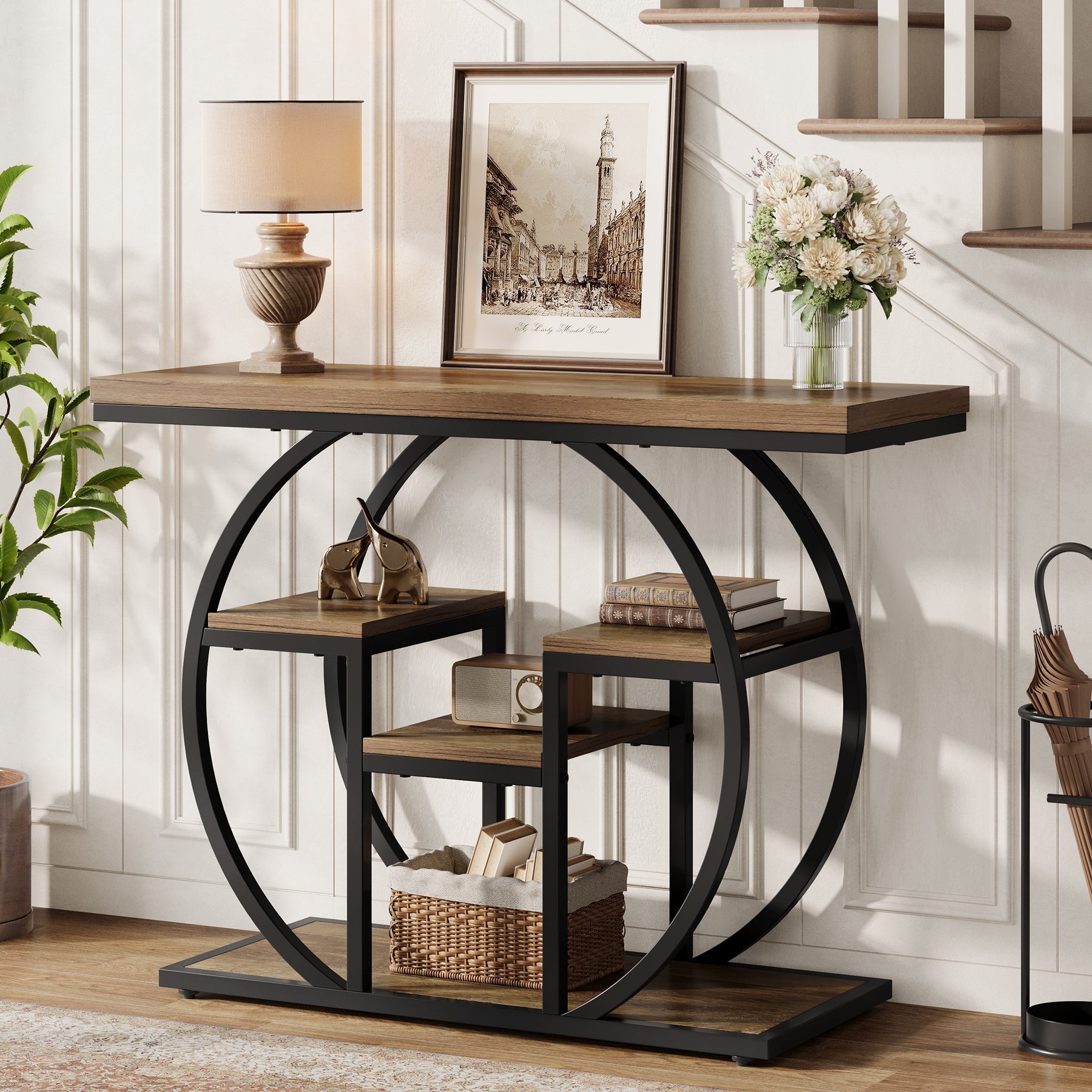 Tribesigns Console 105 cm de large avec 4 étagères, Table d'appoint de style industriel avec structure incurvée