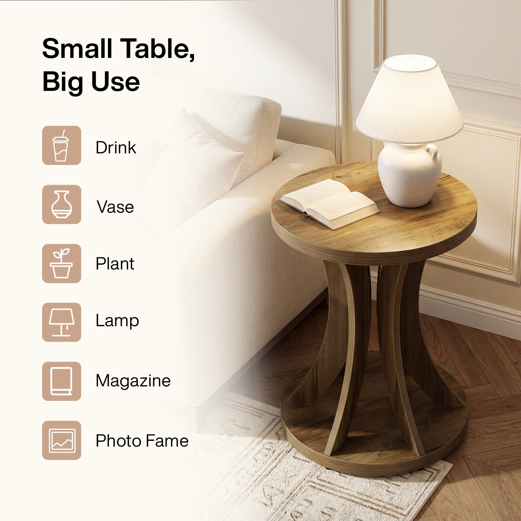Tribesigns Table d’Appoint Ronde Rustique avec Structure Courbée pour Salon et Chambre