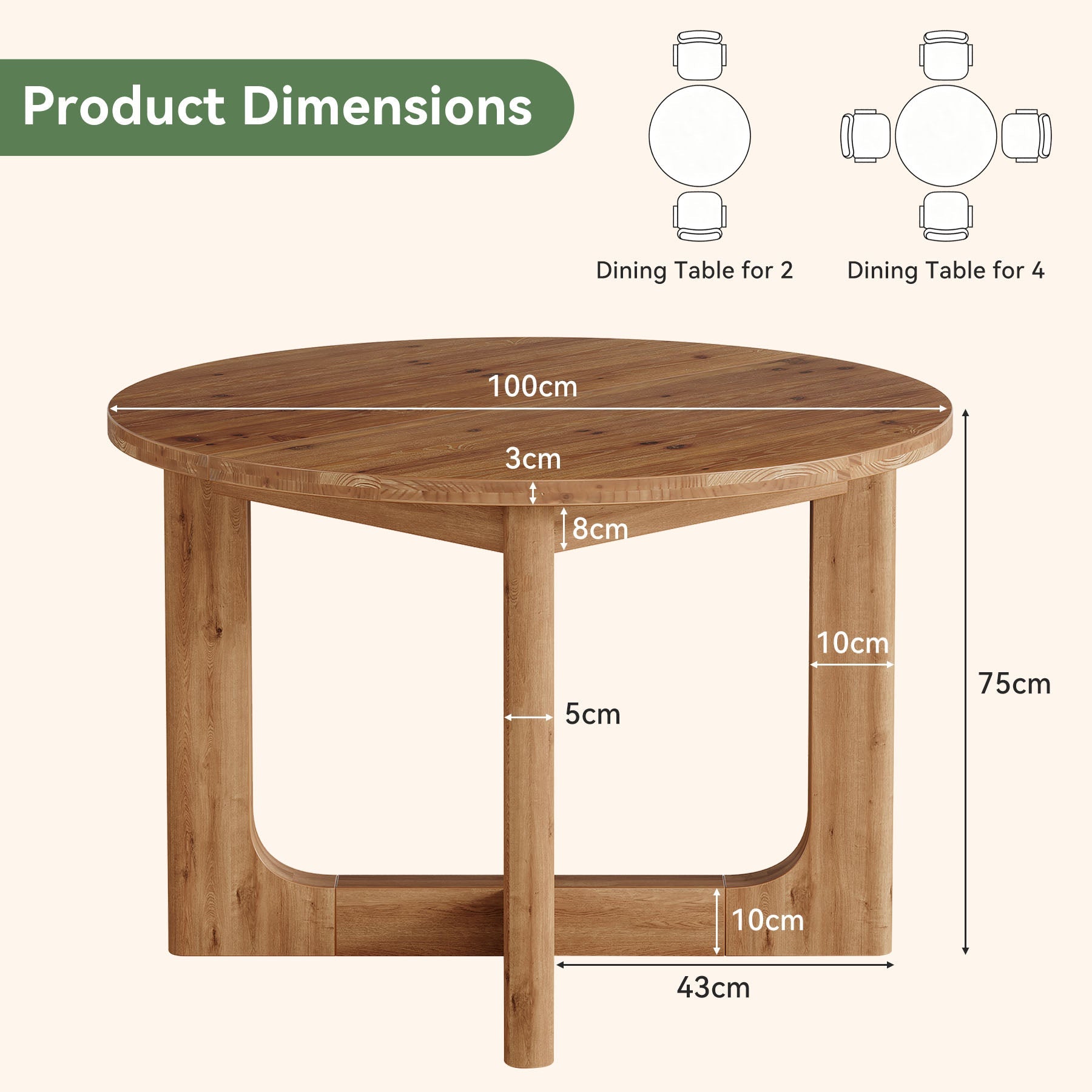 Tribesigns Table à Manger Ronde Country en Bois Massif avec Pieds en X, Ø 100 cm, pour 2 à 4 Personnes