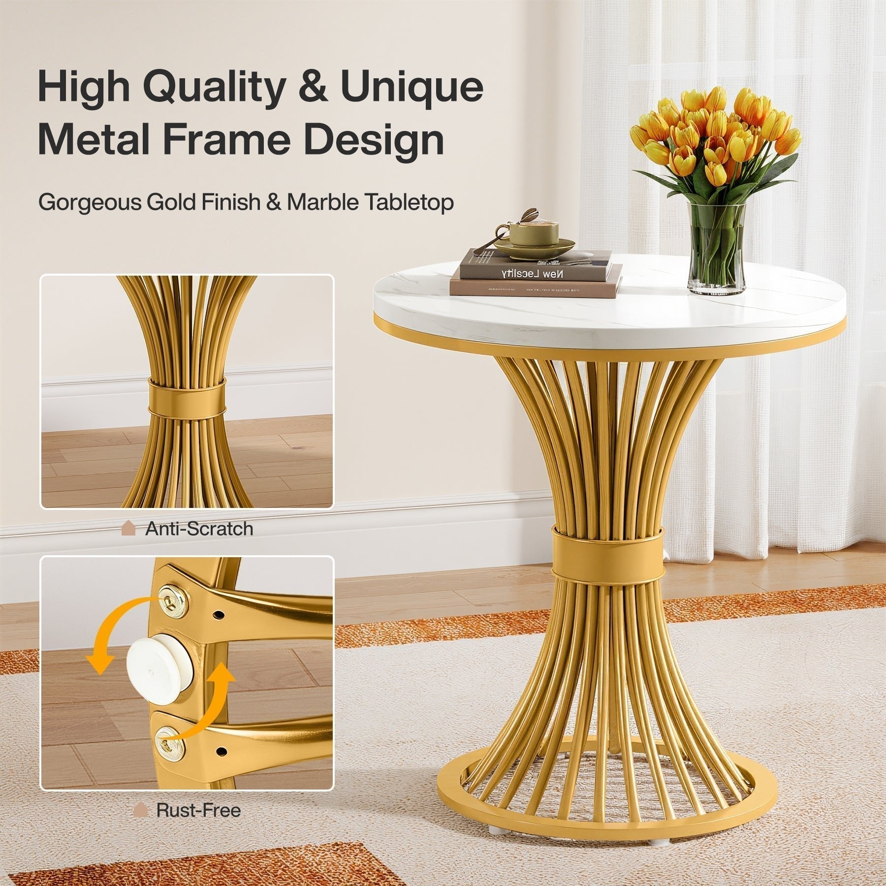 Tribesigns Table d'appoint ronde 51 cm avec plateau effet marbre, Table d'appoint blanche et piètement en métal doré