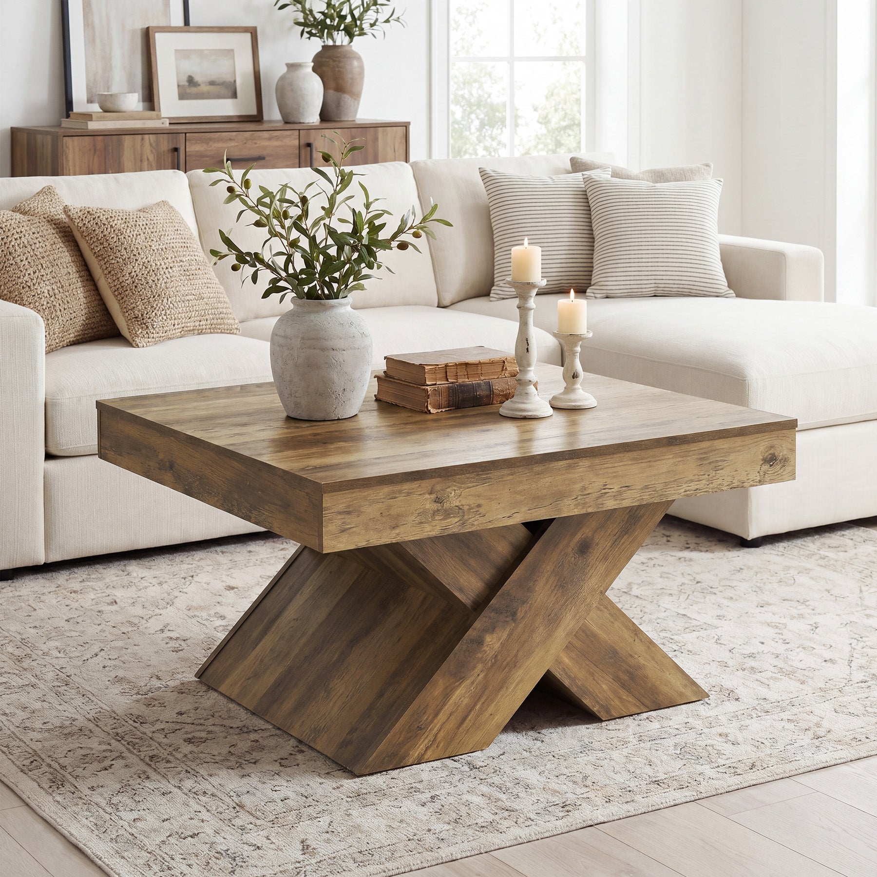 Tribesigns Table Basse Carrée de 80 cm, Table Rustique pour Petits Espaces avec Base en X