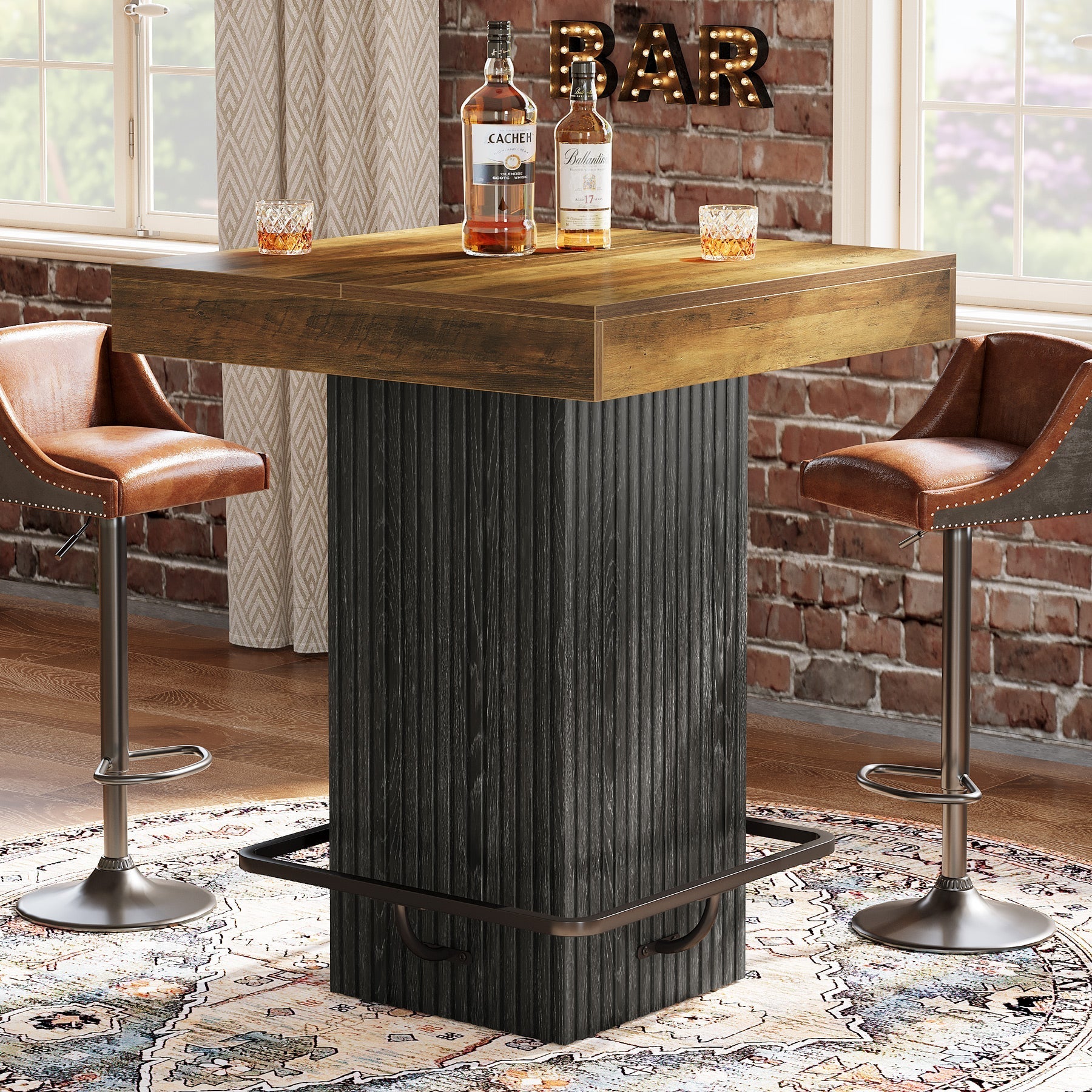 Table de bar carrée de 80 x 80 x 101 cm avec repose-pieds en métal, Table de pub de style industriel pour cuisine/salle à manger