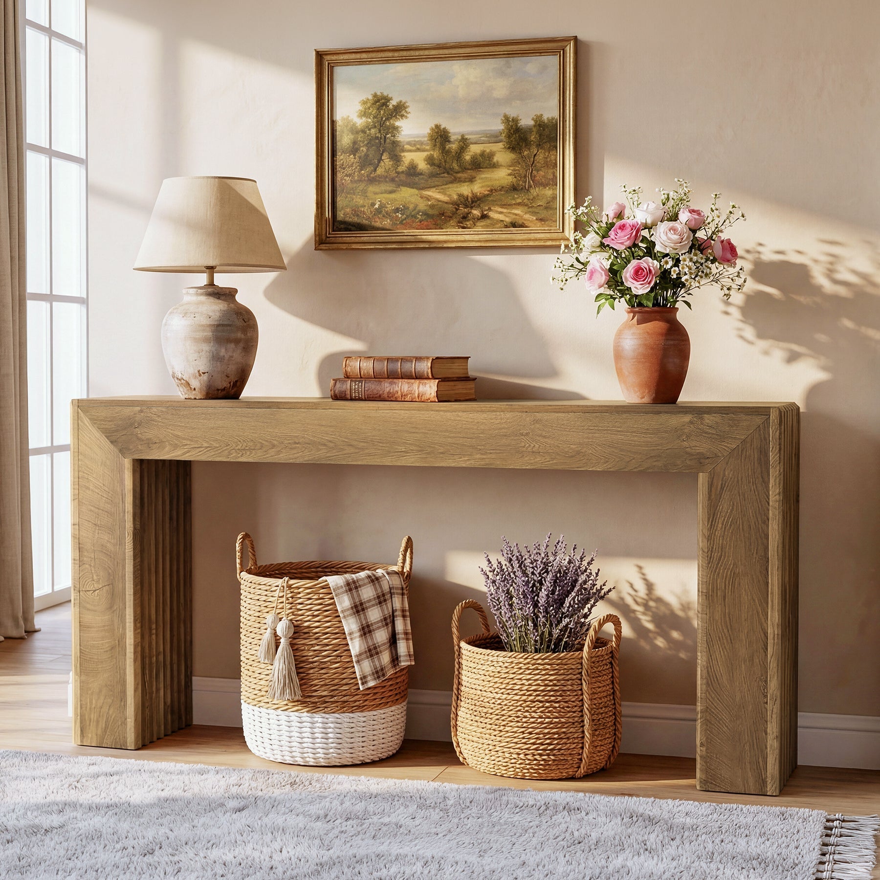 Console de 160 cm avec pieds colonnes cannelés, Table d'entrée étroite de style romain